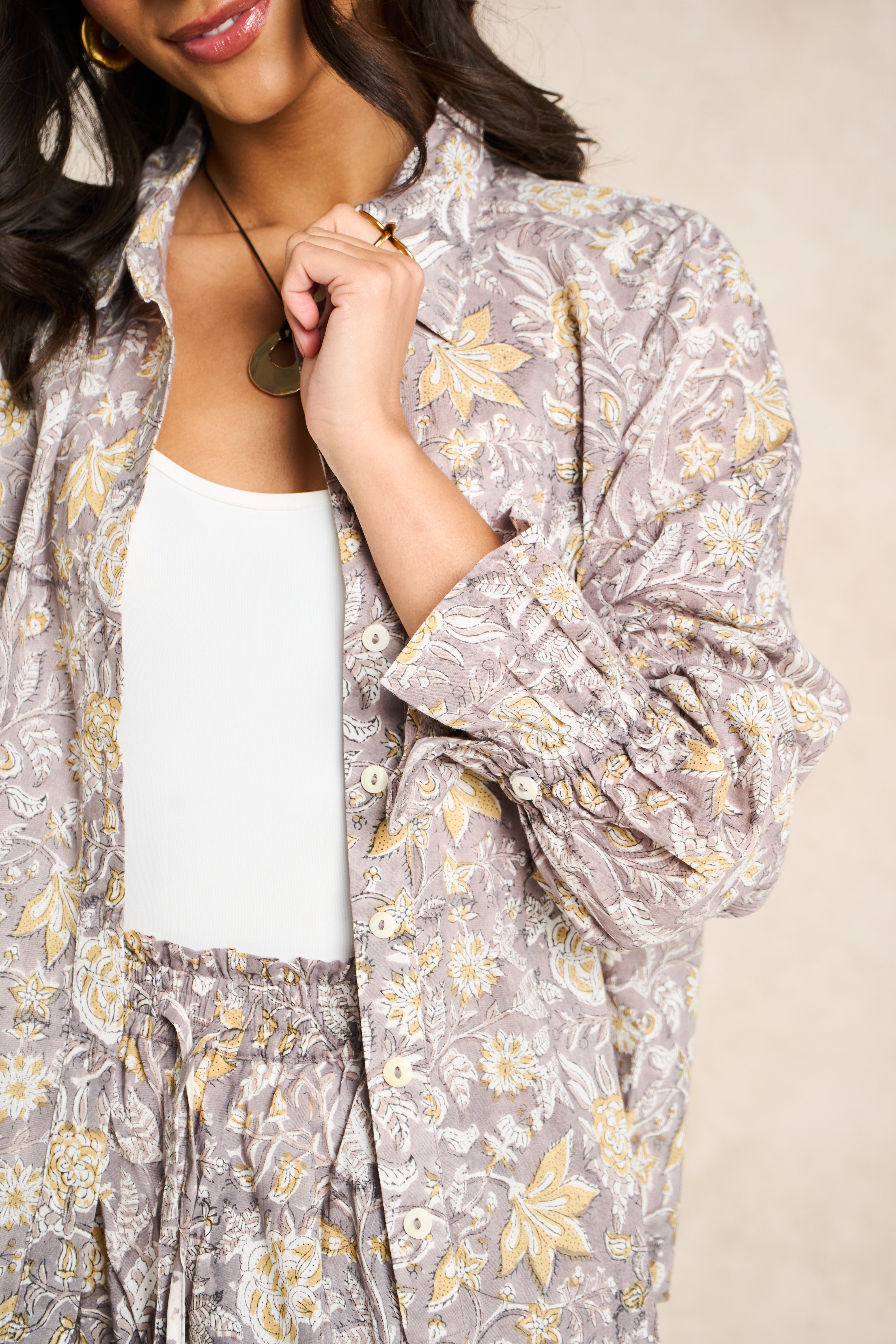 Pearl Taupe & White Block Print Matching Set