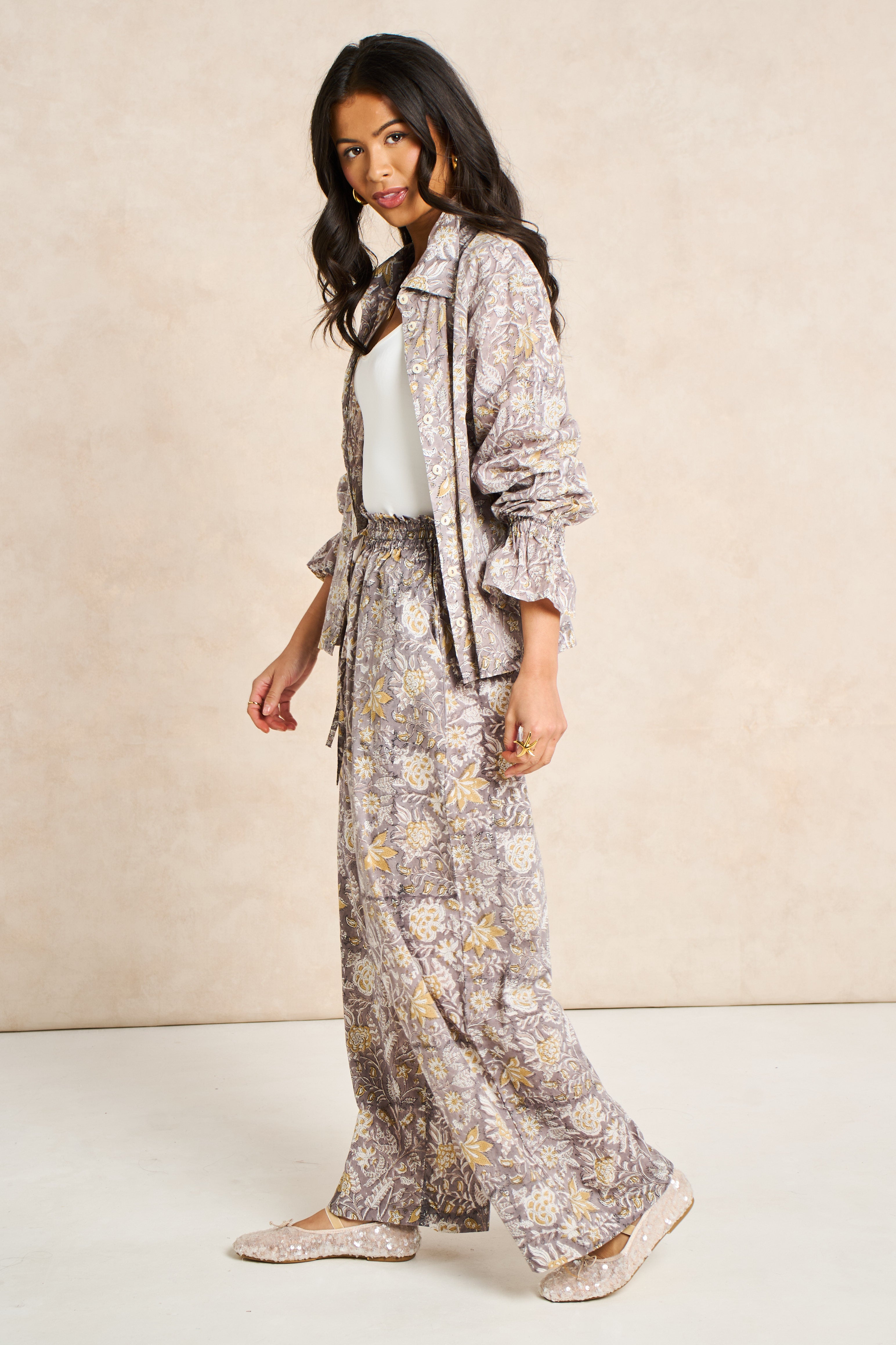 Pearl Taupe & White Block Print Matching Set