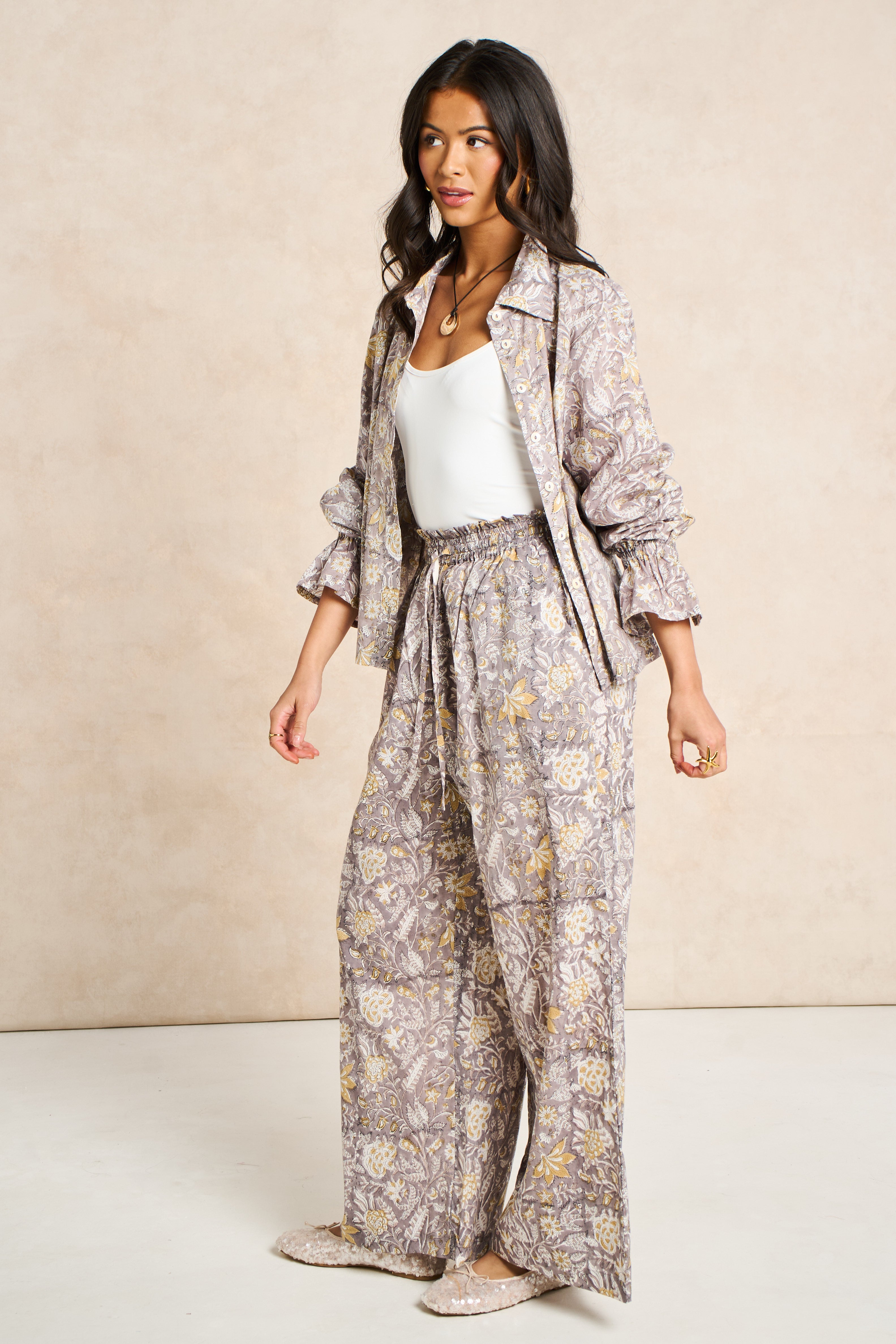 Pearl Taupe & White Block Print Matching Set