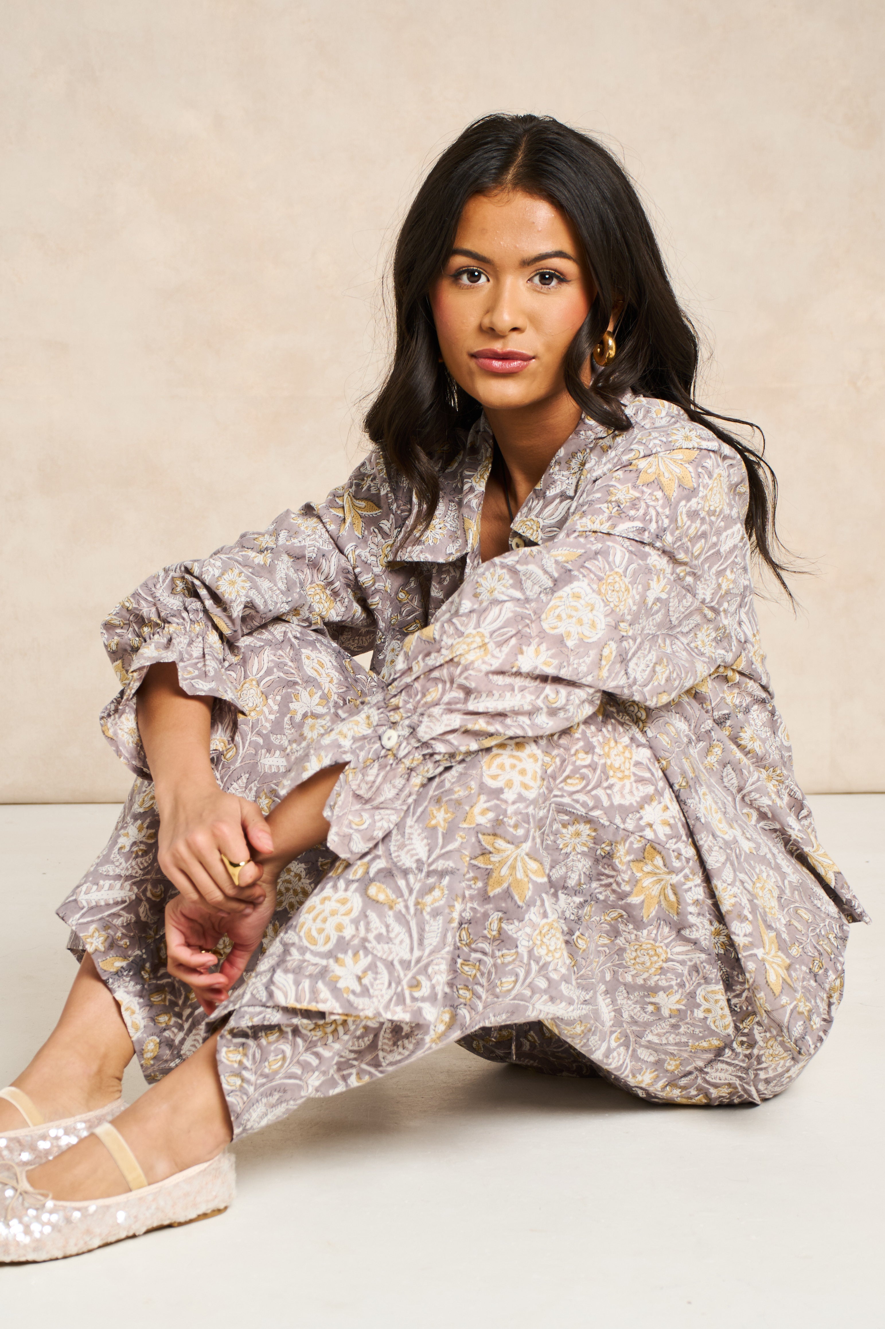 Pearl Taupe & White Block Print Matching Set