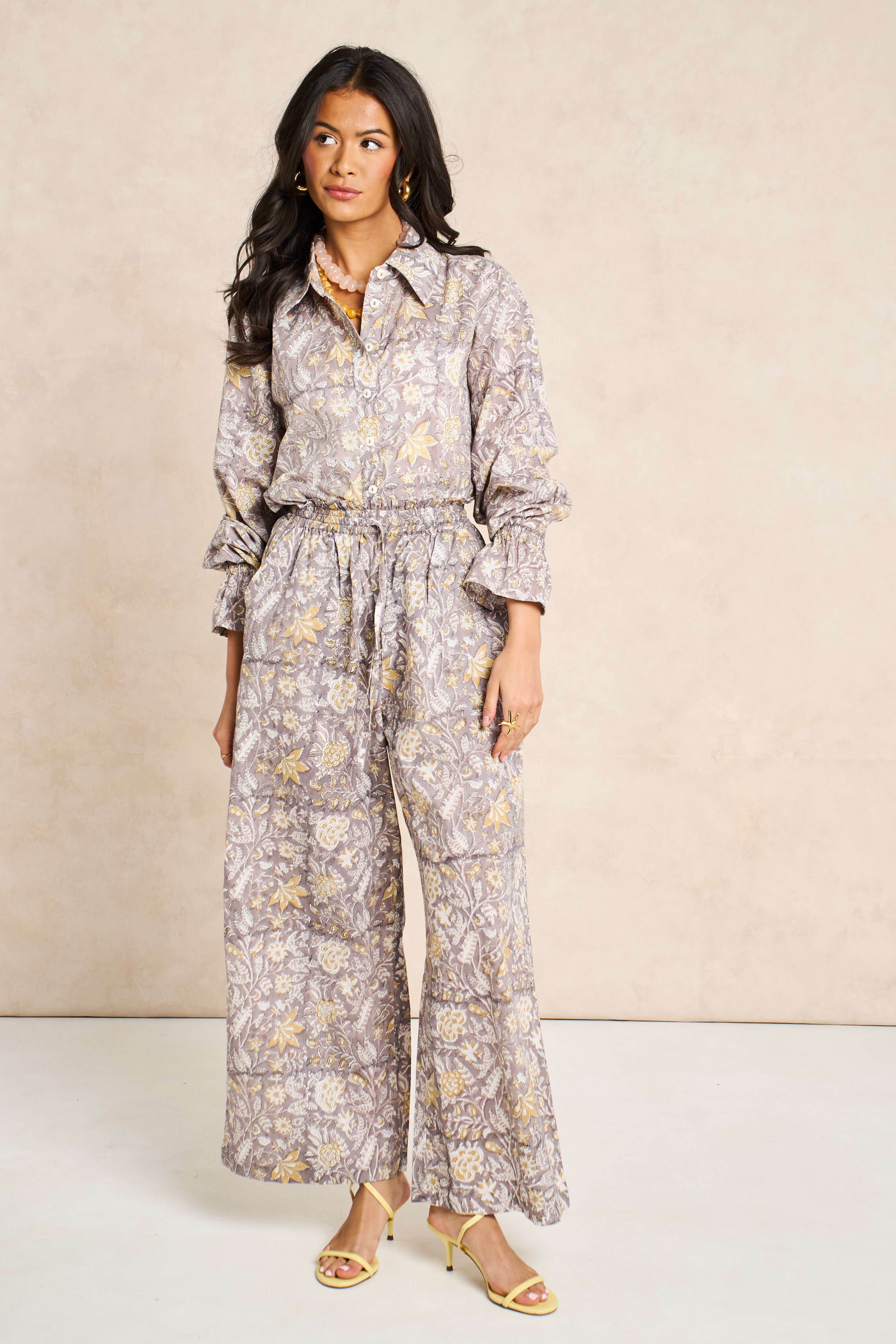 Pearl Taupe & White Block Print Matching Set