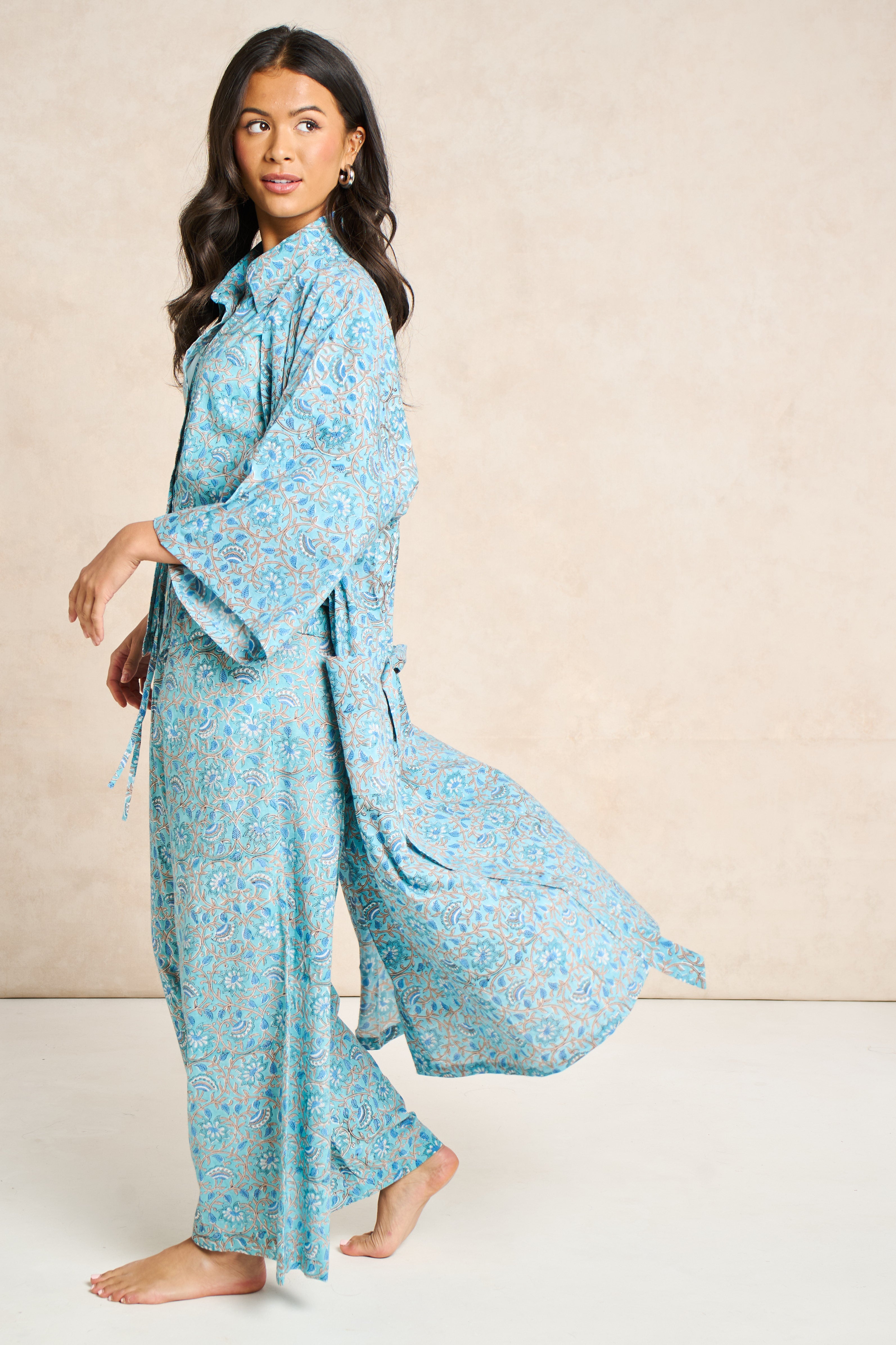 Iris Block Print Cotton Bathrobe