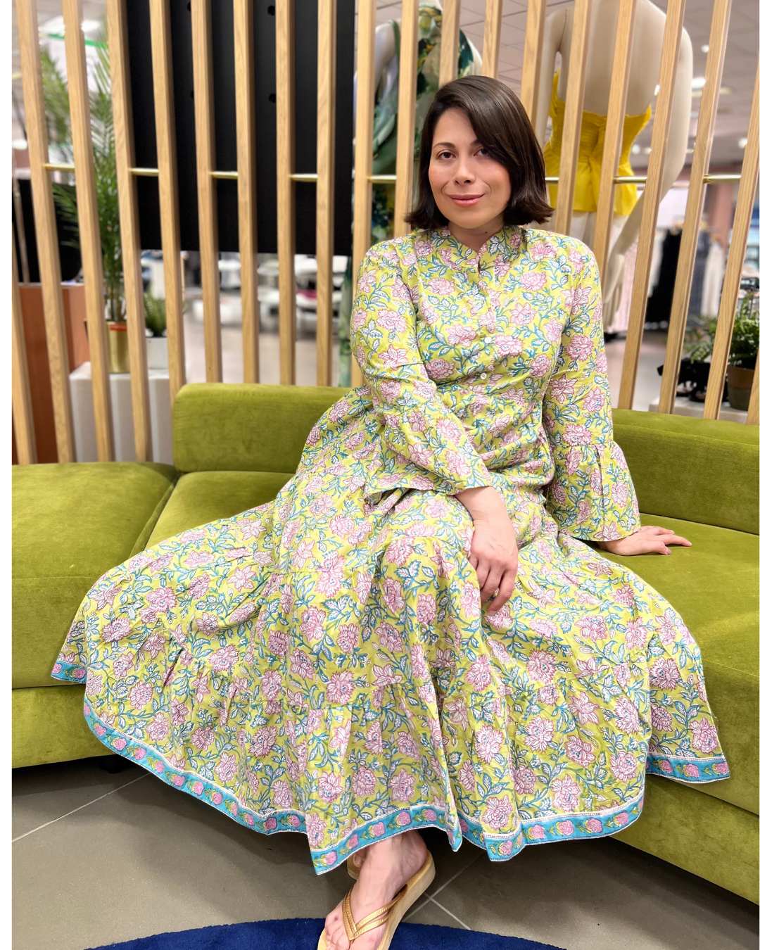 Jemima Floral Block Print Cotton Maxi Dress with Bell Sleeves