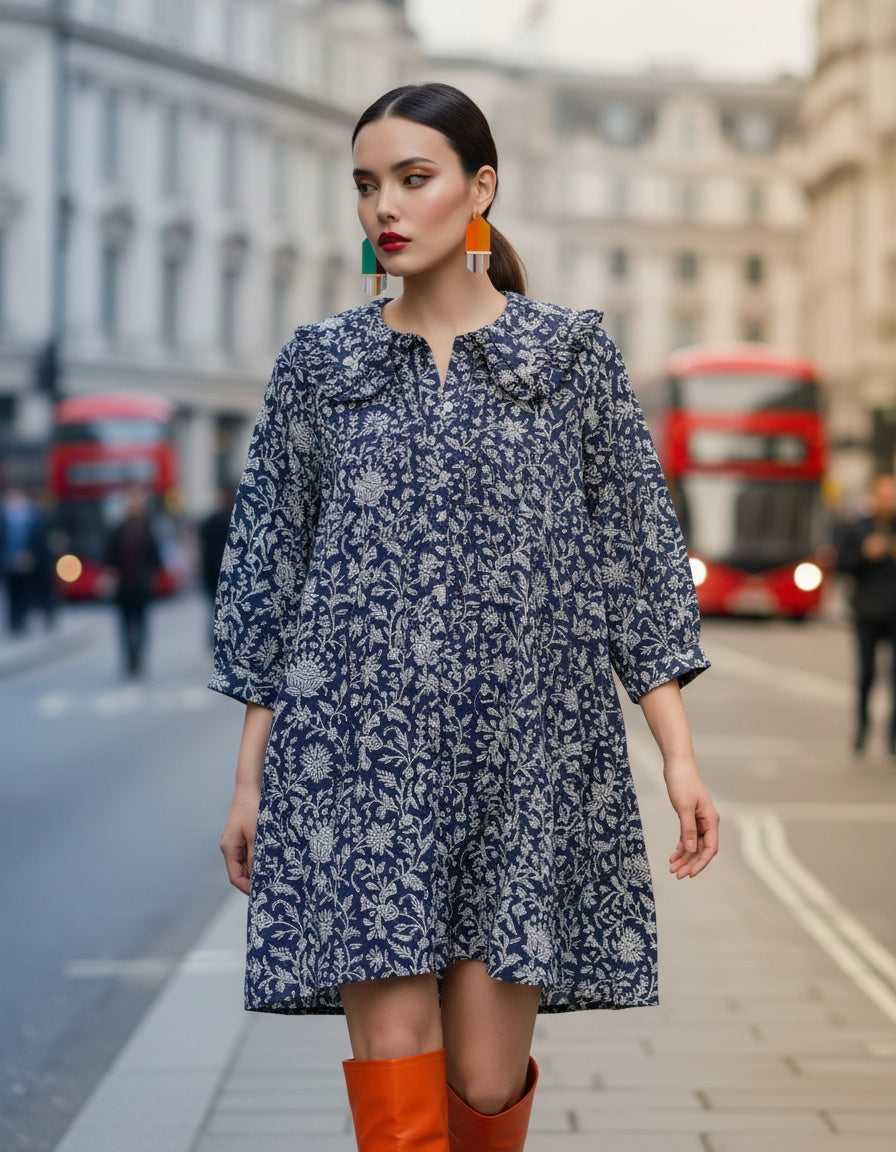 Ruffle Collared Print Dress