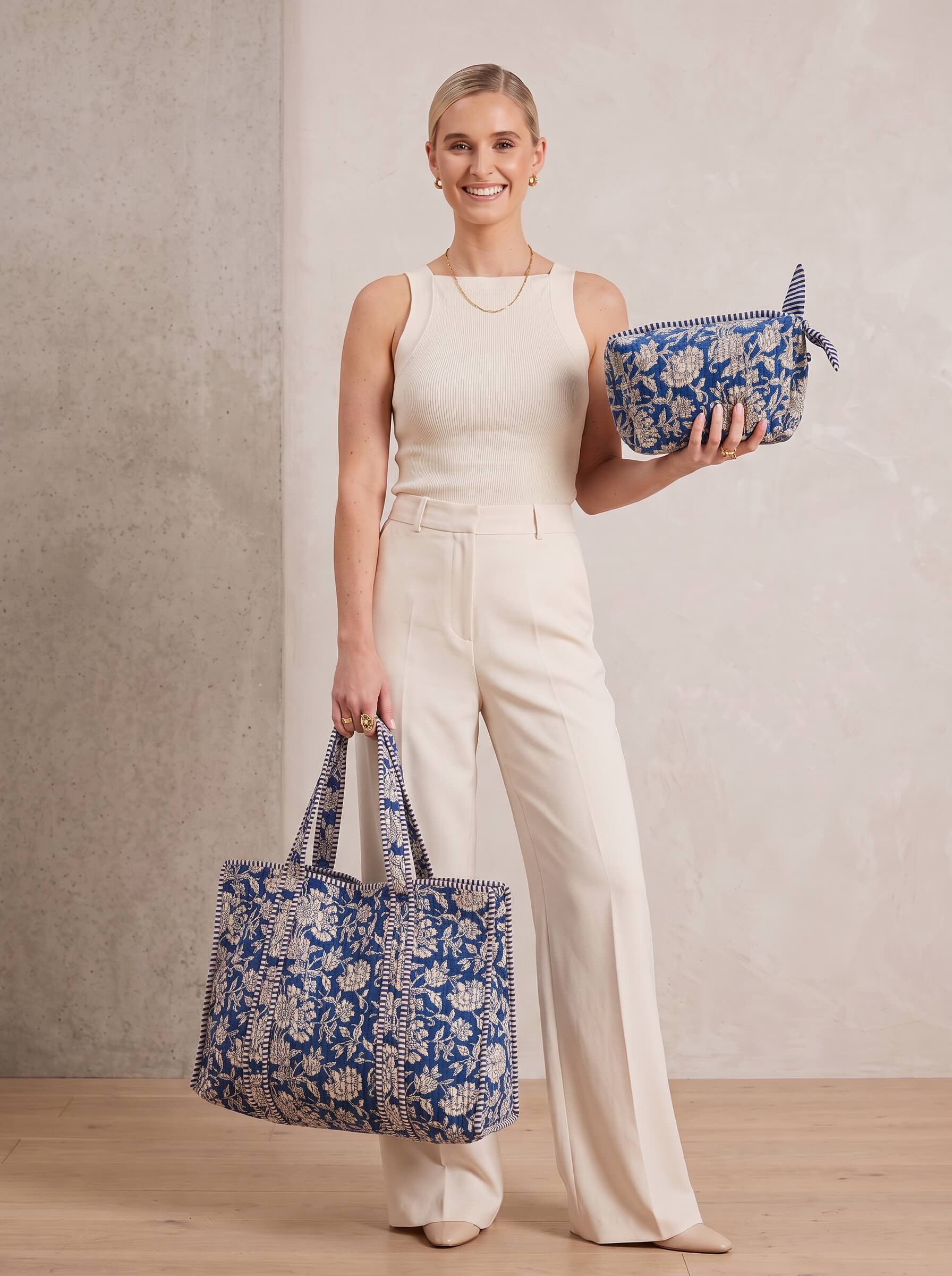 Cotton Tote & Toiletry Quilt Block Print Bag Set