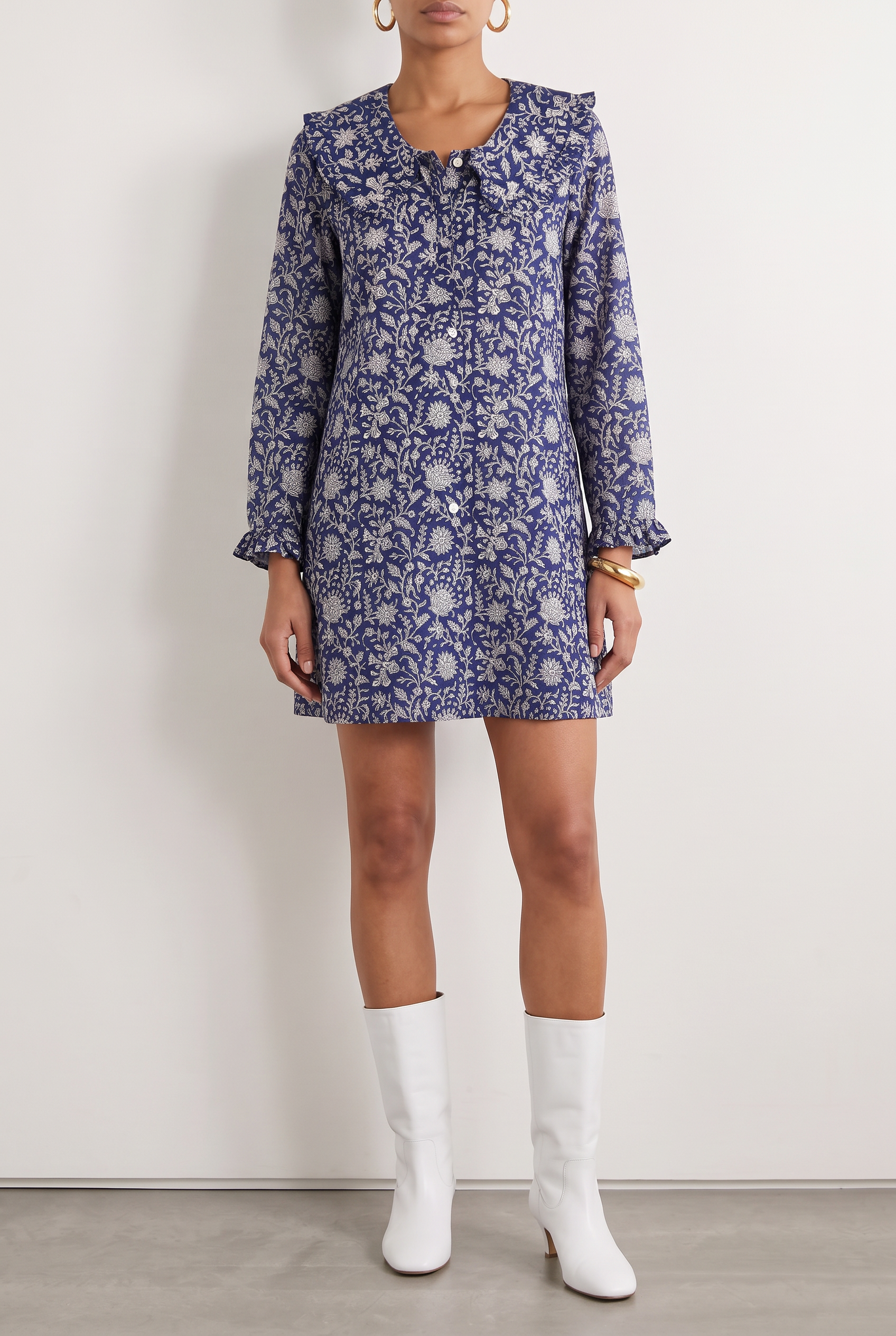 Cornflower Ruffle Collared Cotton Dress Mini