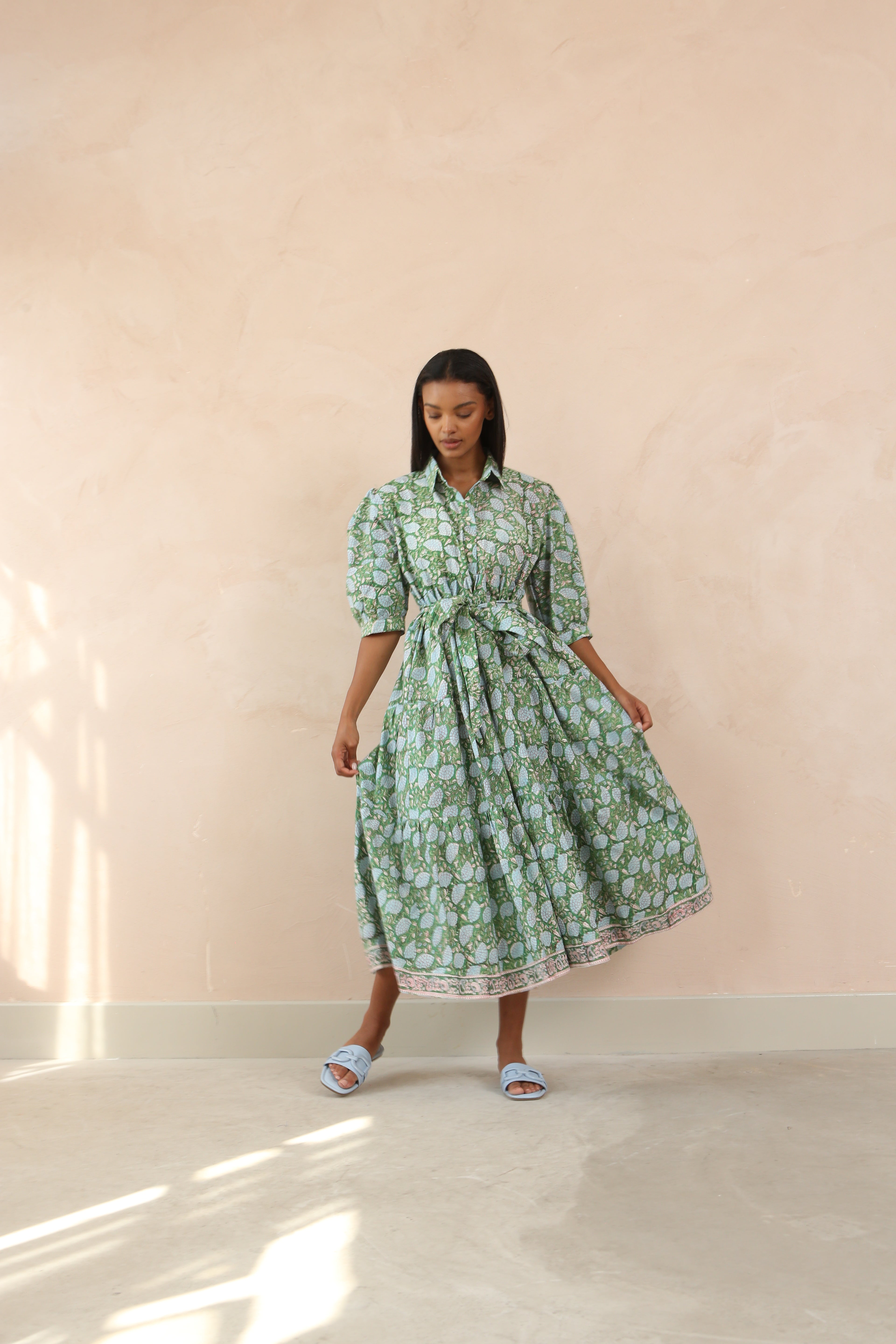 Printed Cotton Half Sleeve Collar Maxi Dress
