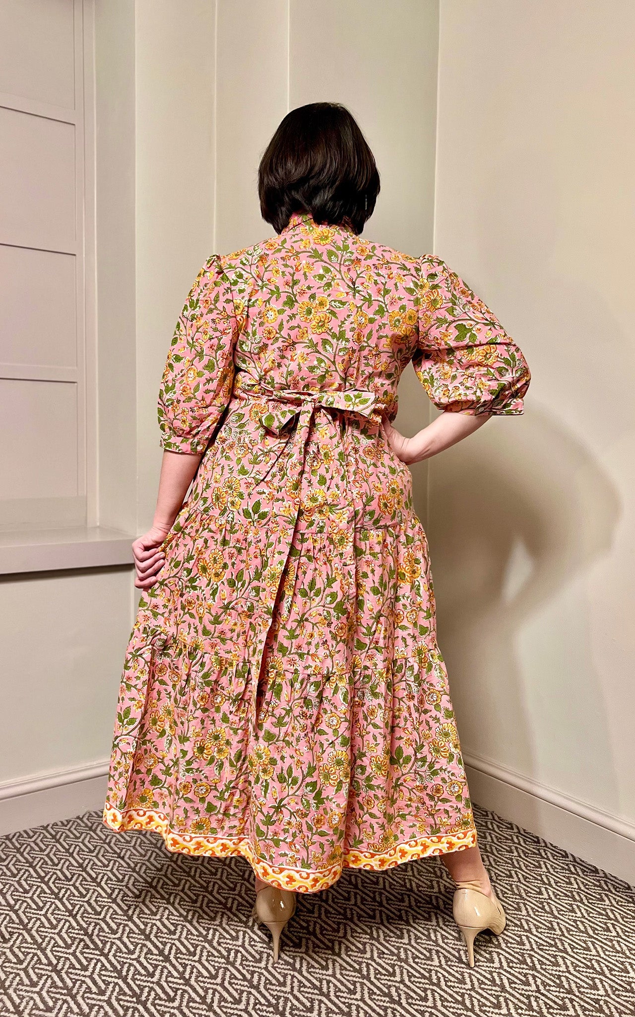 Emma Block Print Shirt Collar Cotton Midi Dress