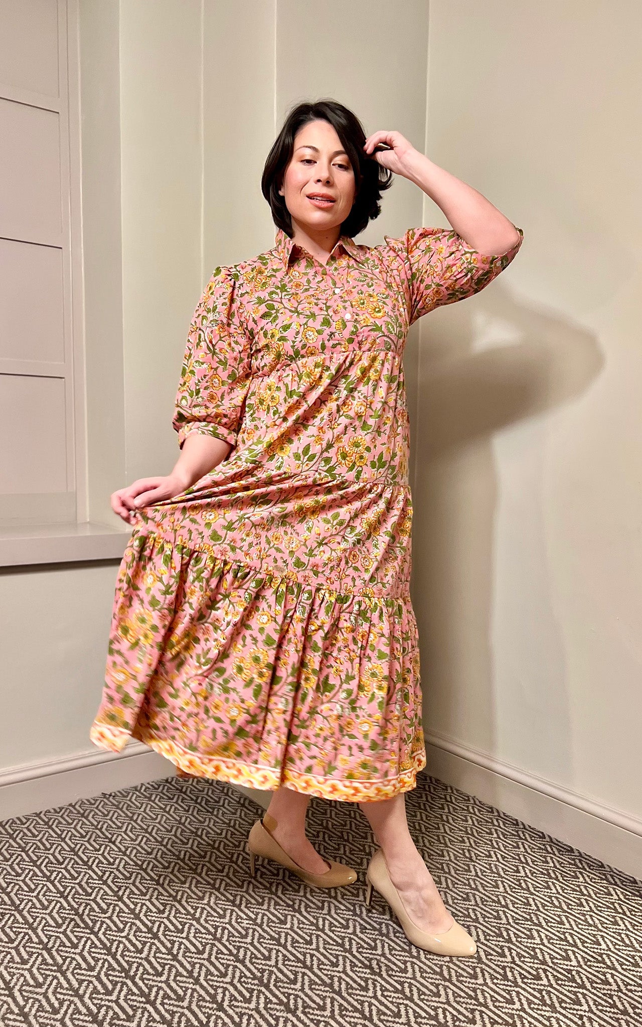 Emma Block Print Shirt Collar Cotton Midi Dress