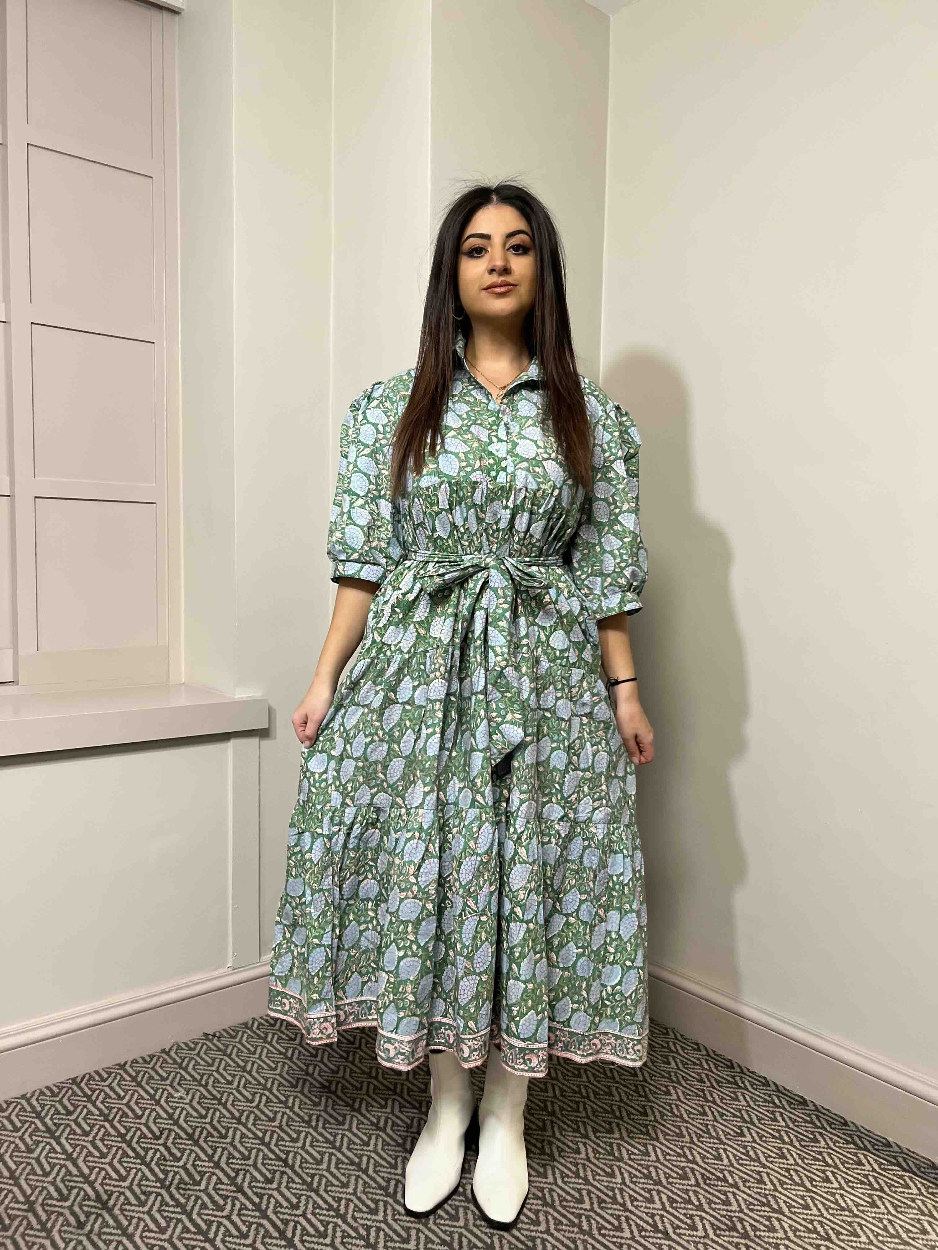 Rachel Block Print Cotton Midi Dress With Sleeves