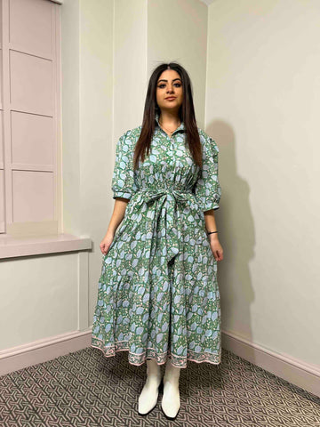 Rachel Block Print Cotton Midi Dress With Sleeves