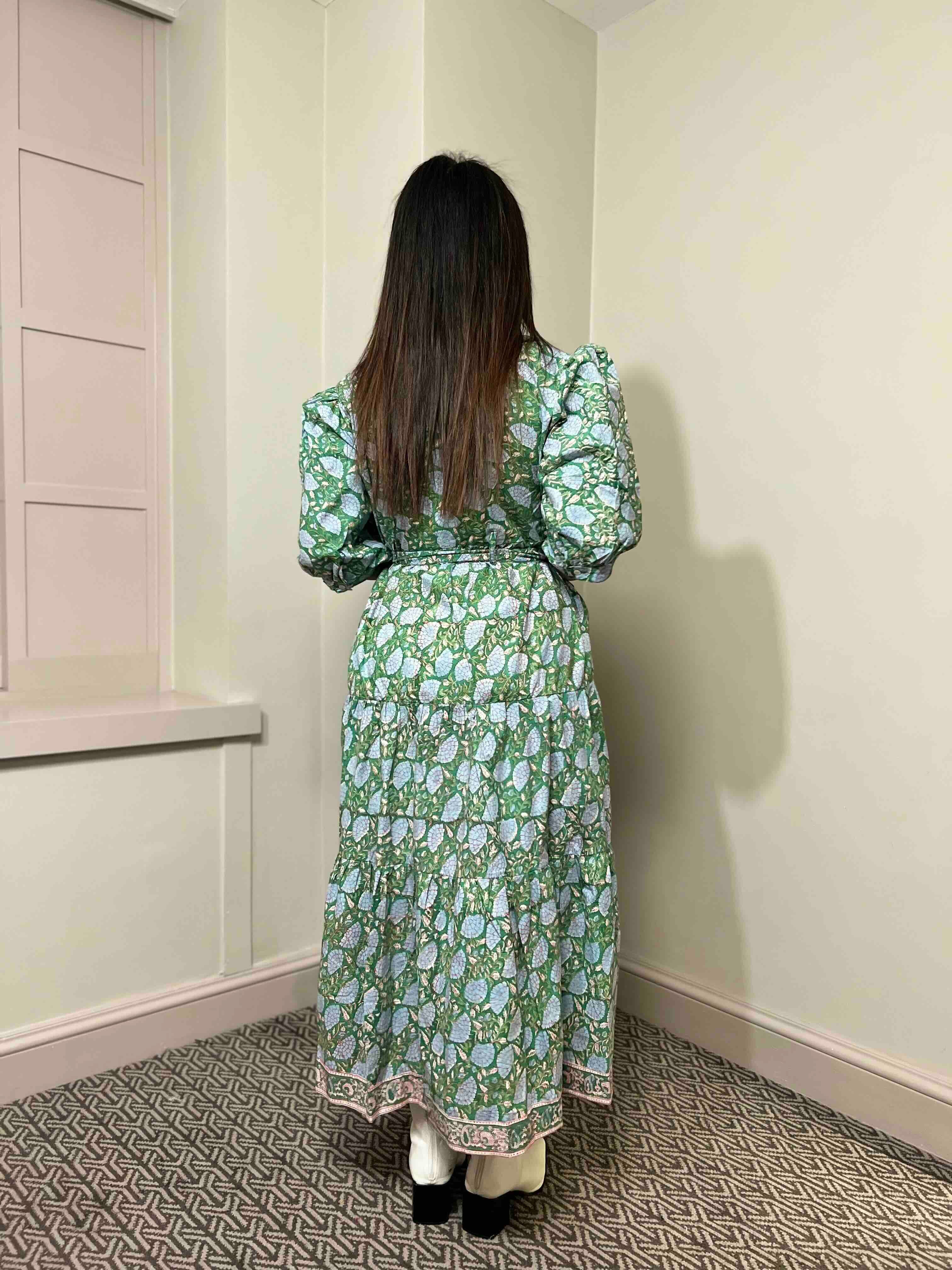 Rachel Block Print Cotton Midi Dress With Sleeves