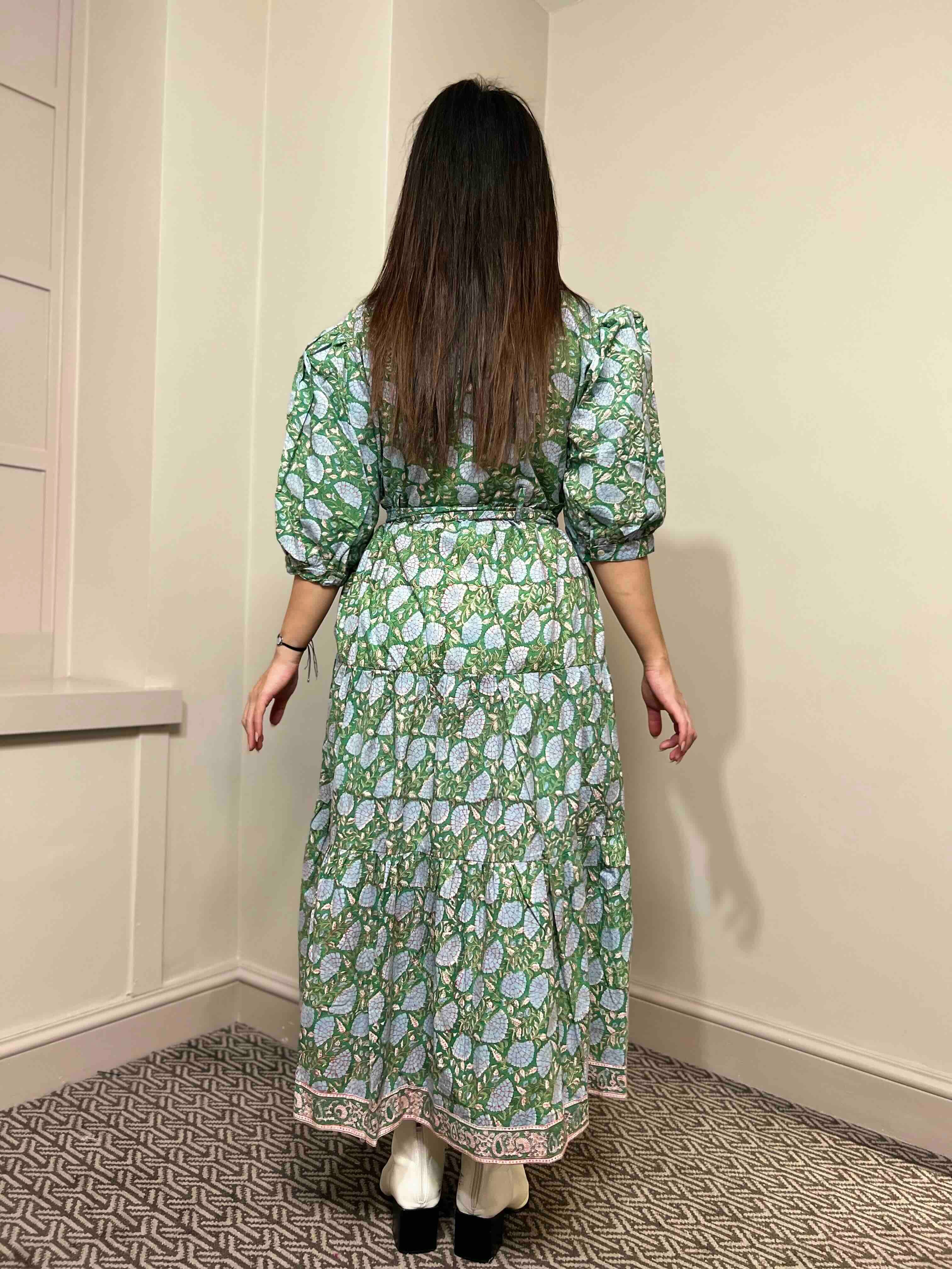 Rachel Block Print Cotton Midi Dress With Sleeves