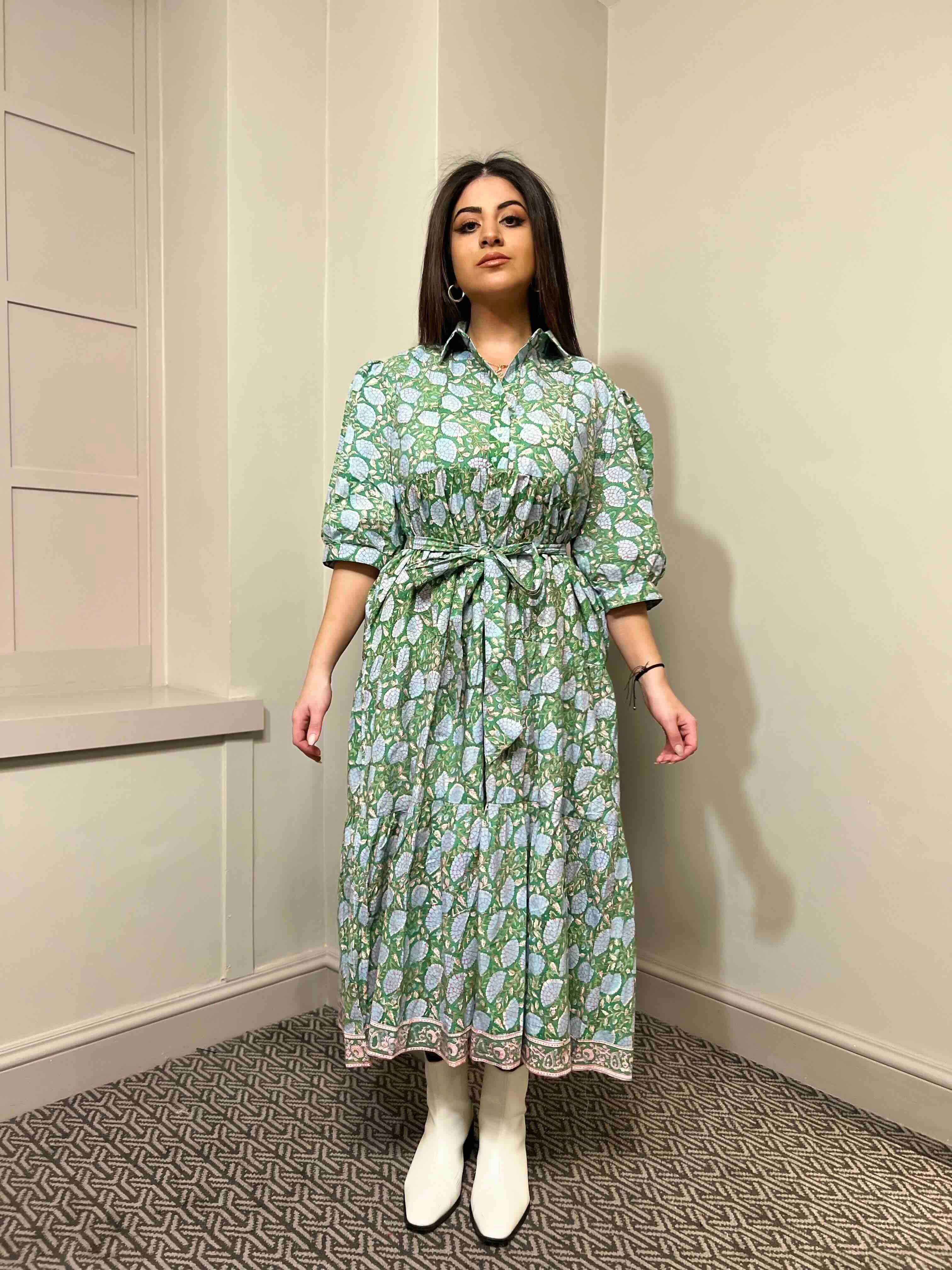 Rachel Block Print Cotton Midi Dress With Sleeves