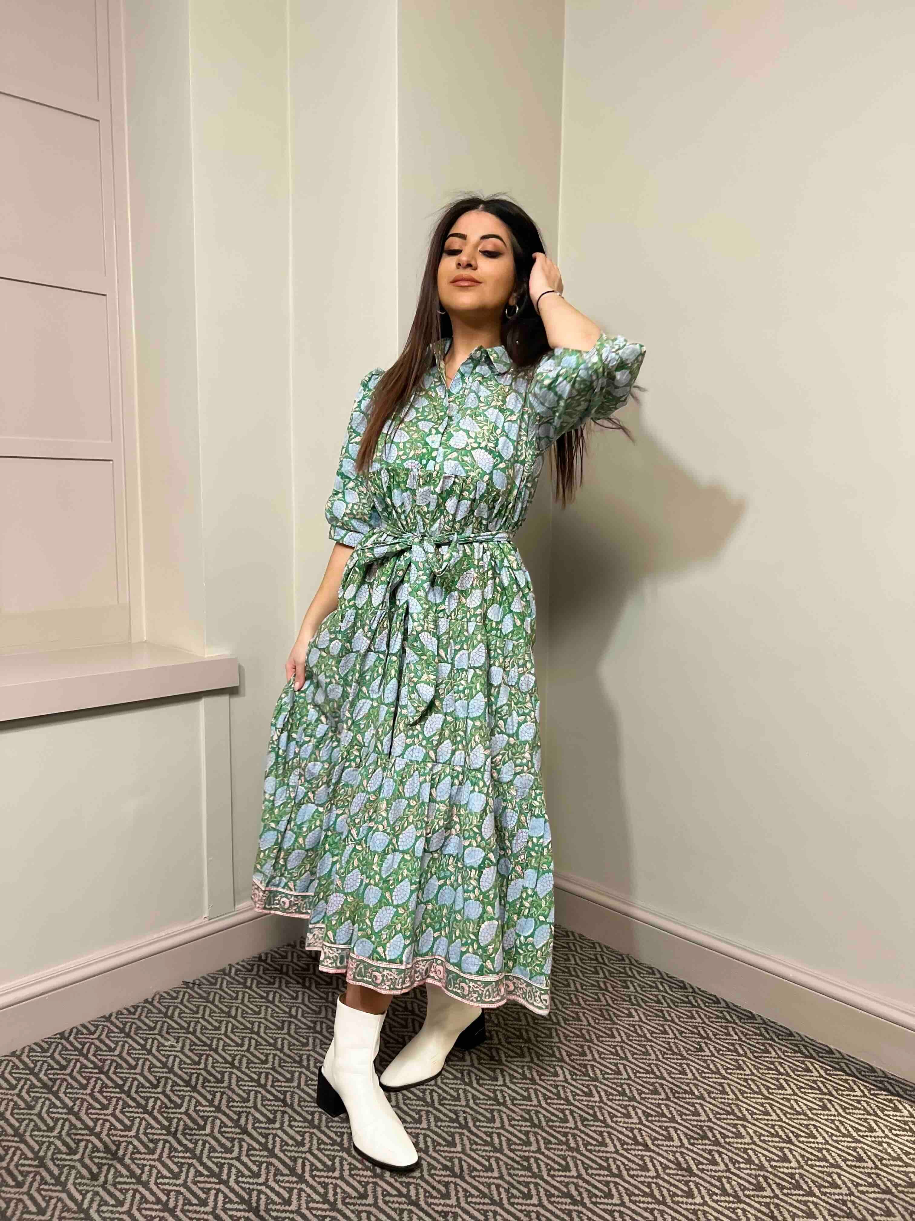 Rachel Block Print Cotton Midi Dress With Sleeves