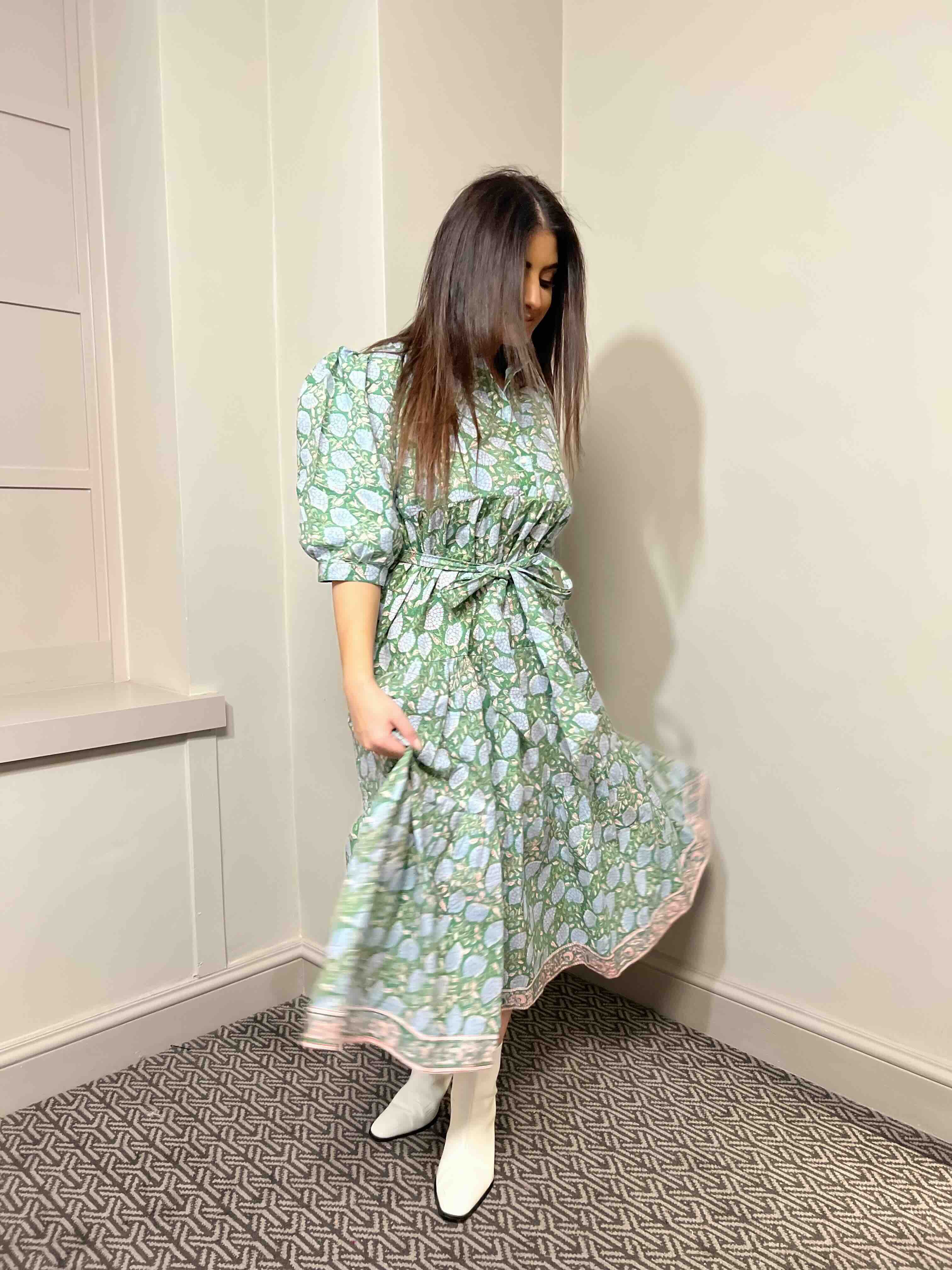 Rachel Block Print Cotton Midi Dress With Sleeves