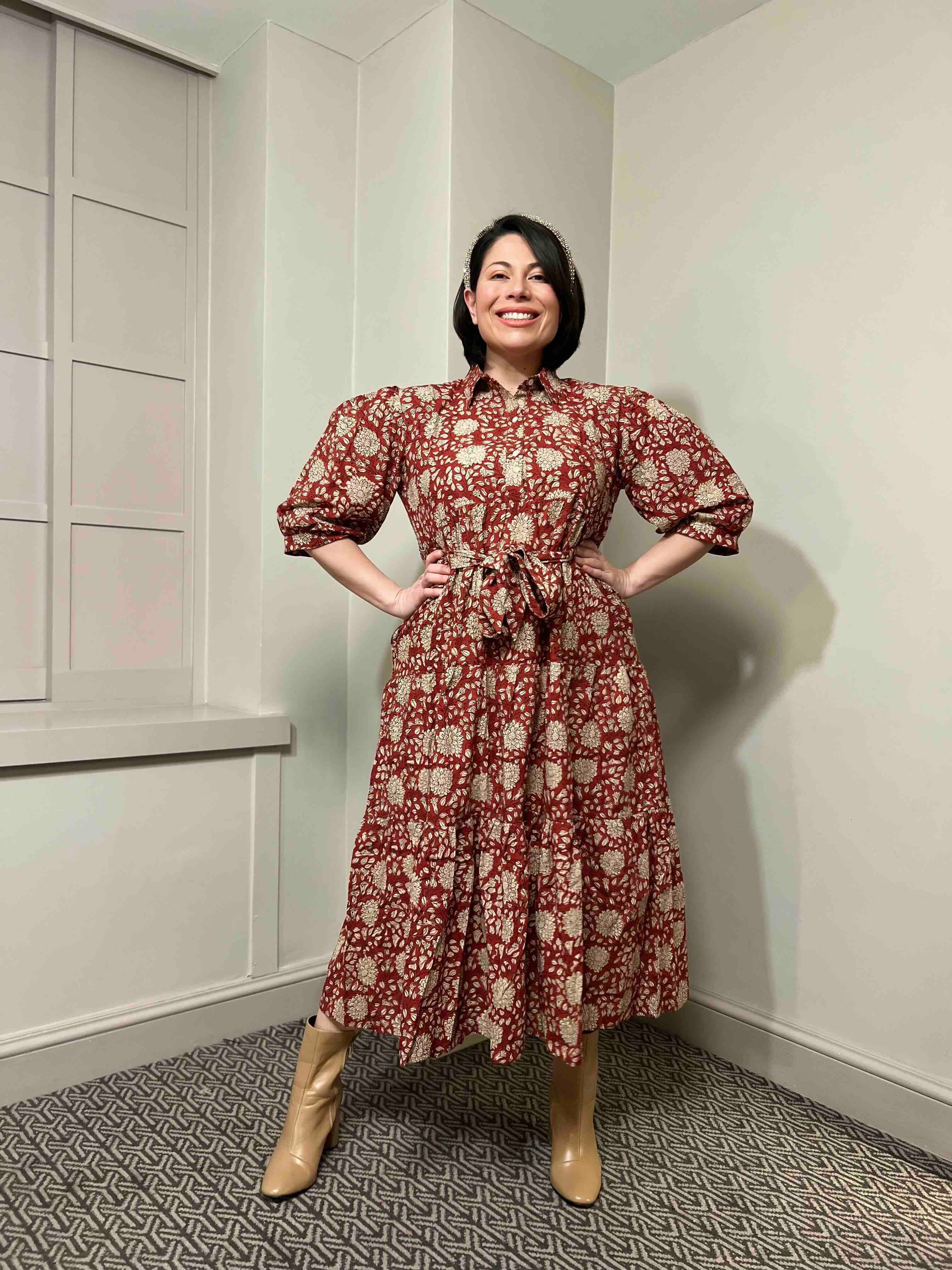 Mae Block Print Cotton Midi Dress With Sleeves