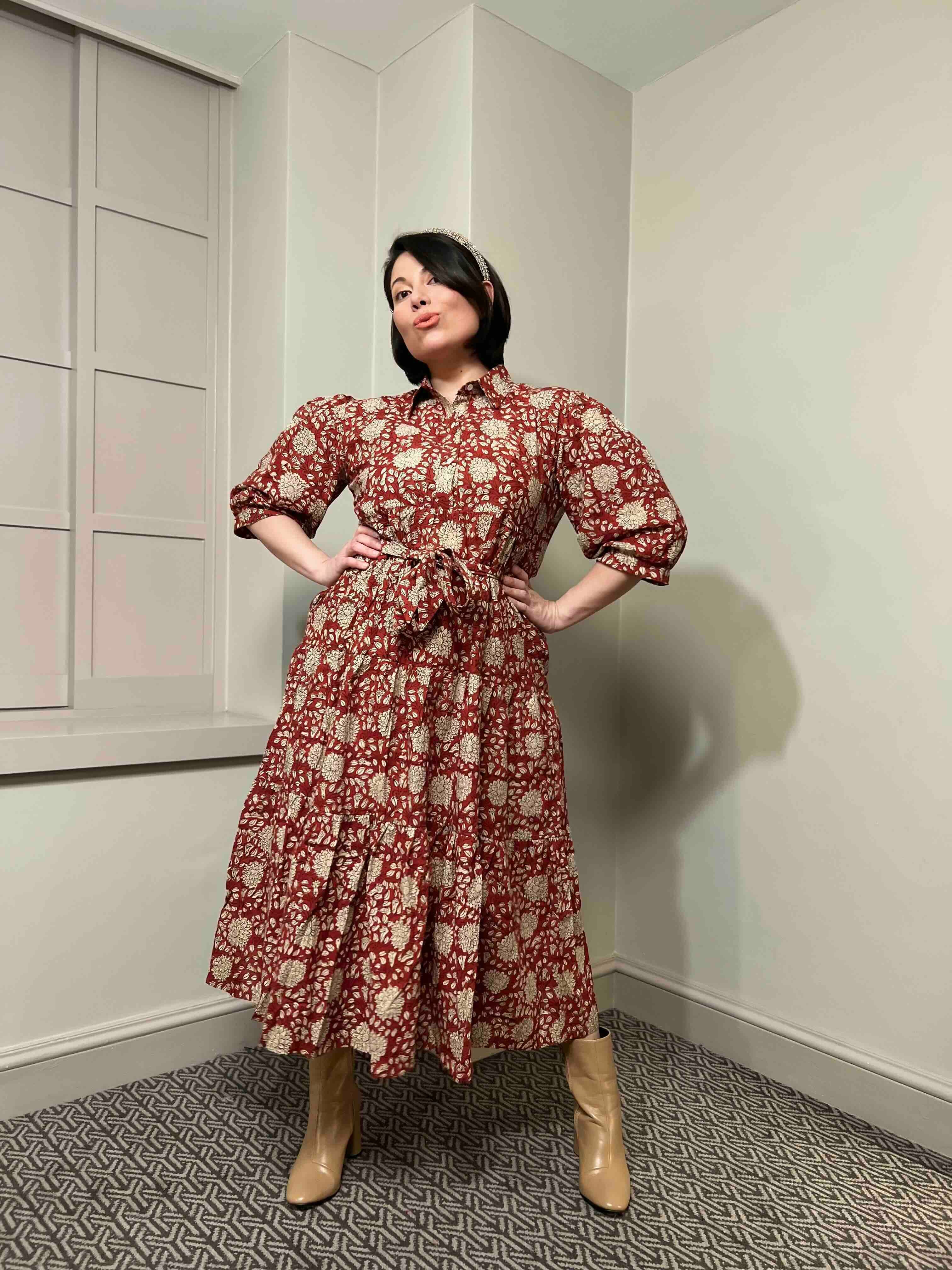 Mae Block Print Cotton Midi Dress With Sleeves