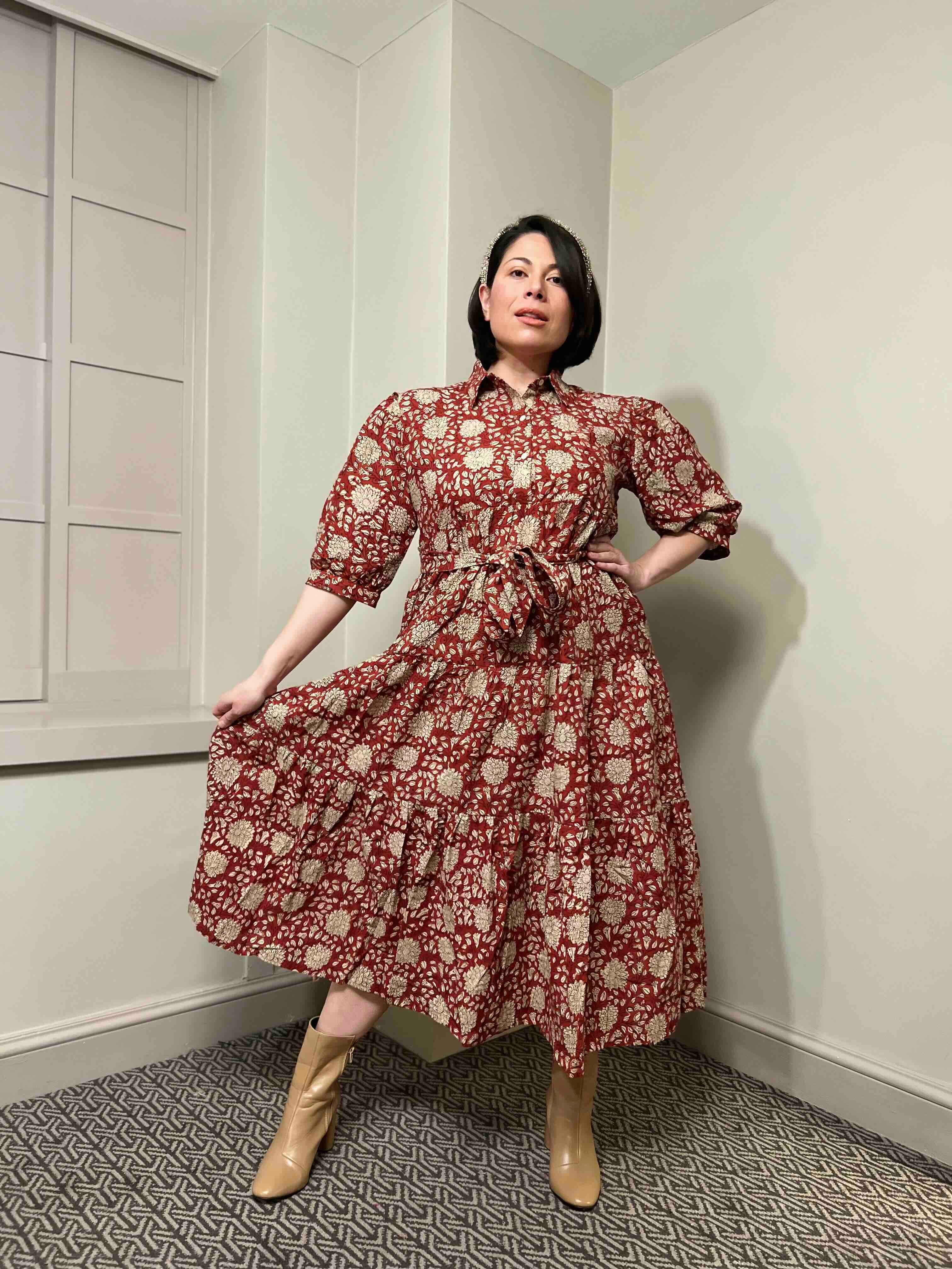 Mae Block Print Cotton Midi Dress With Sleeves