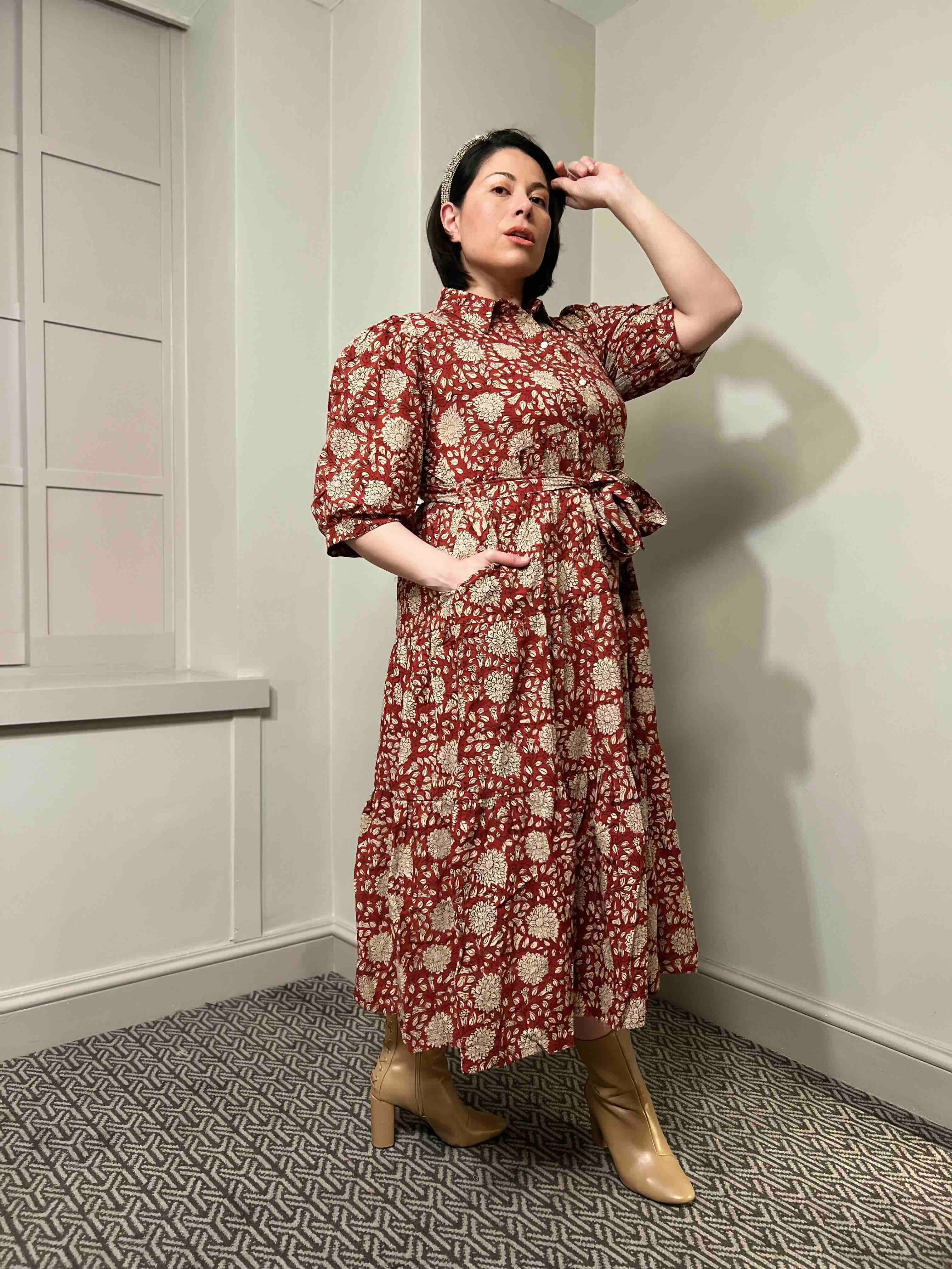 Mae Block Print Cotton Midi Dress With Sleeves