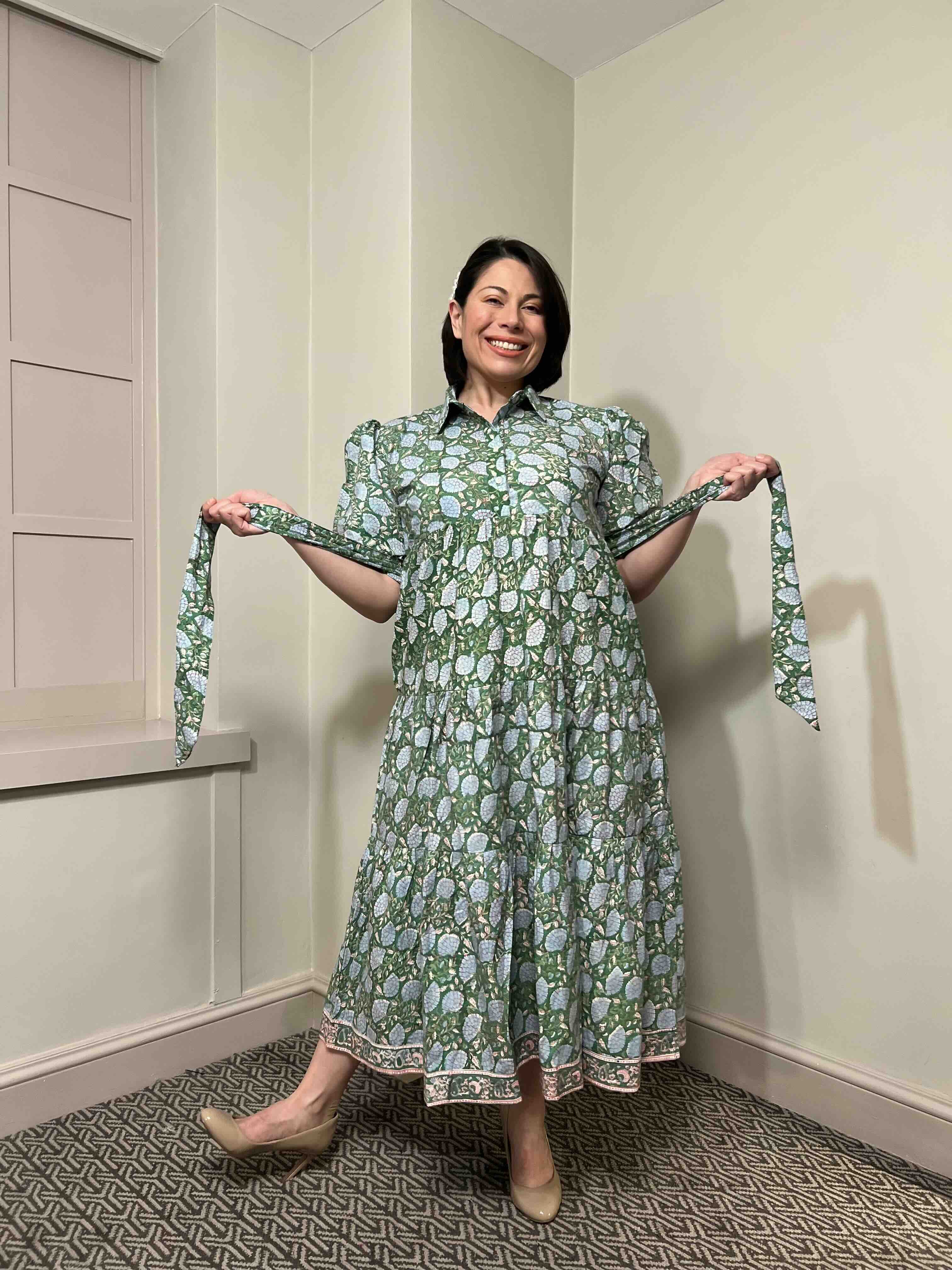 Diana Block Print Cotton Midi Dress With Sleeves
