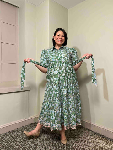 Diana Block Print Cotton Midi Dress With Sleeves