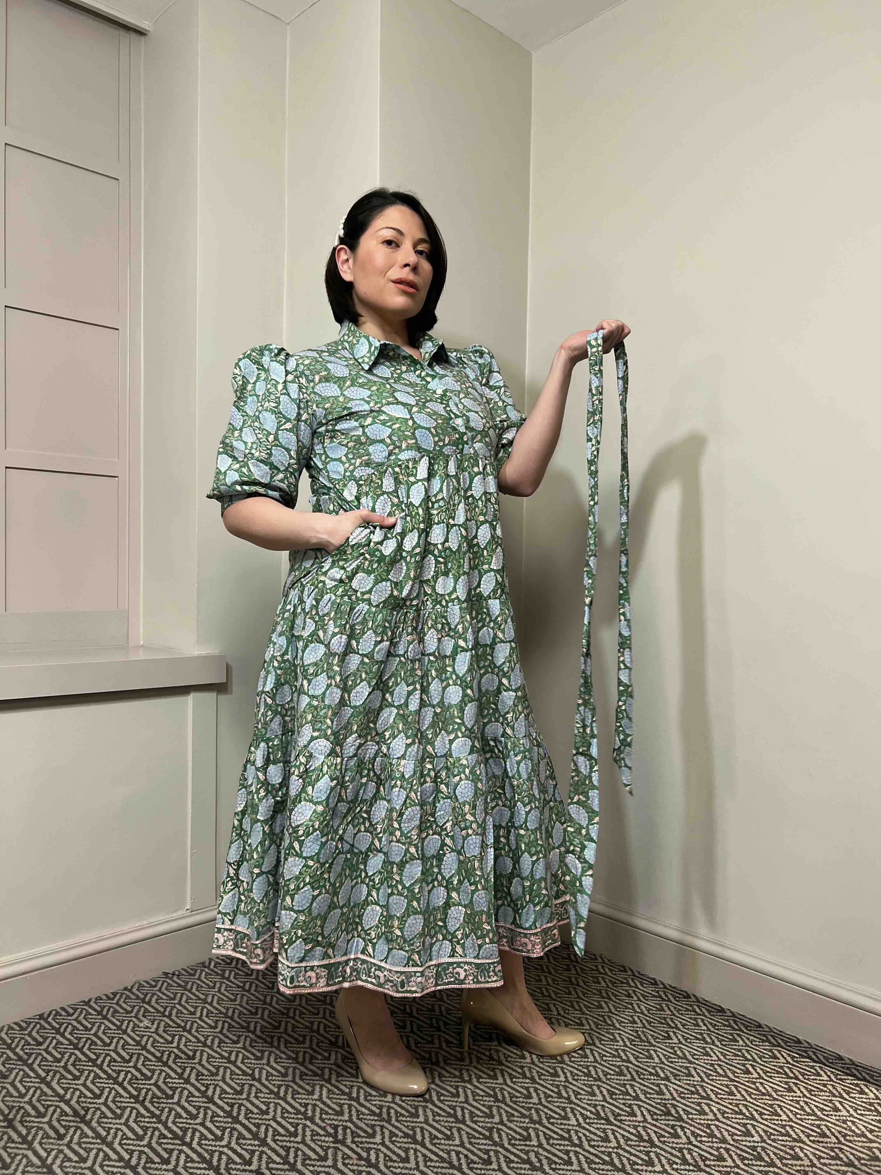 Diana Block Print Cotton Midi Dress With Sleeves