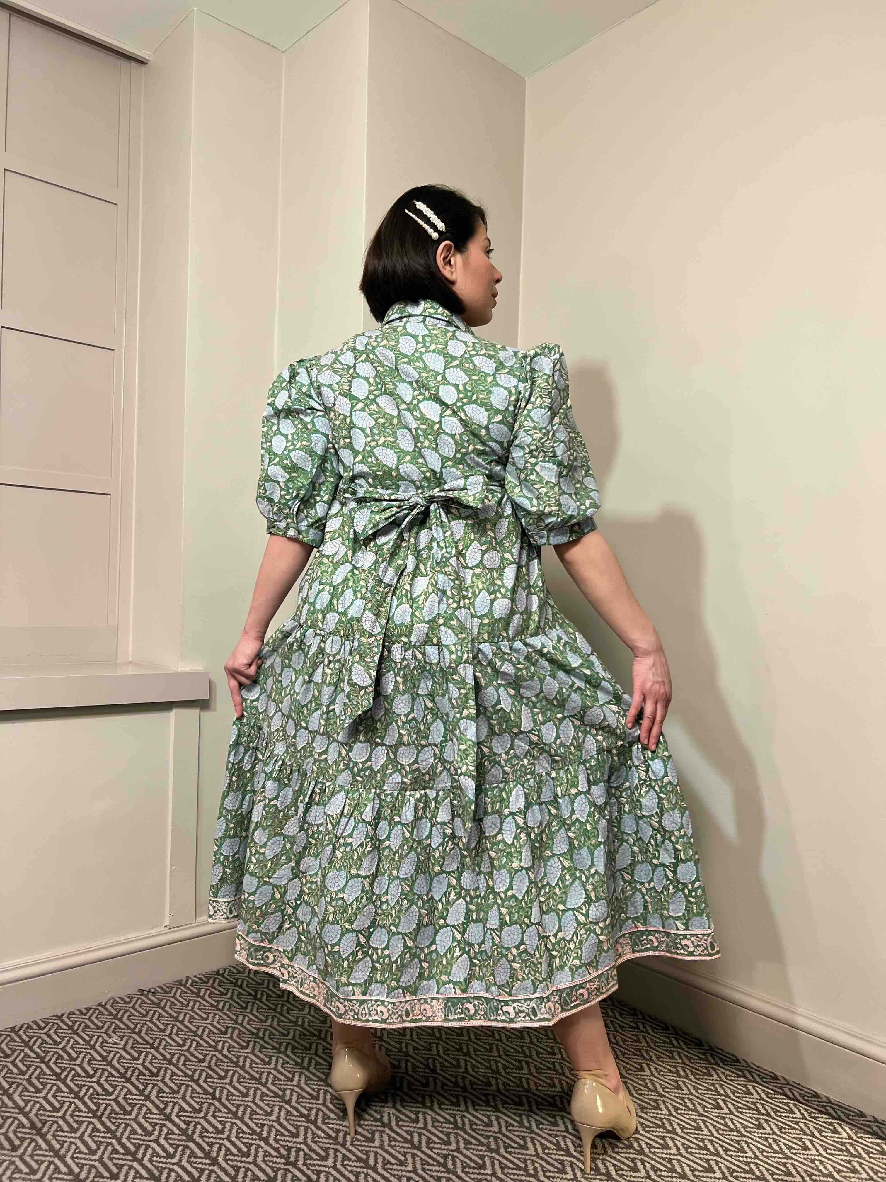 Diana Block Print Cotton Midi Dress With Sleeves