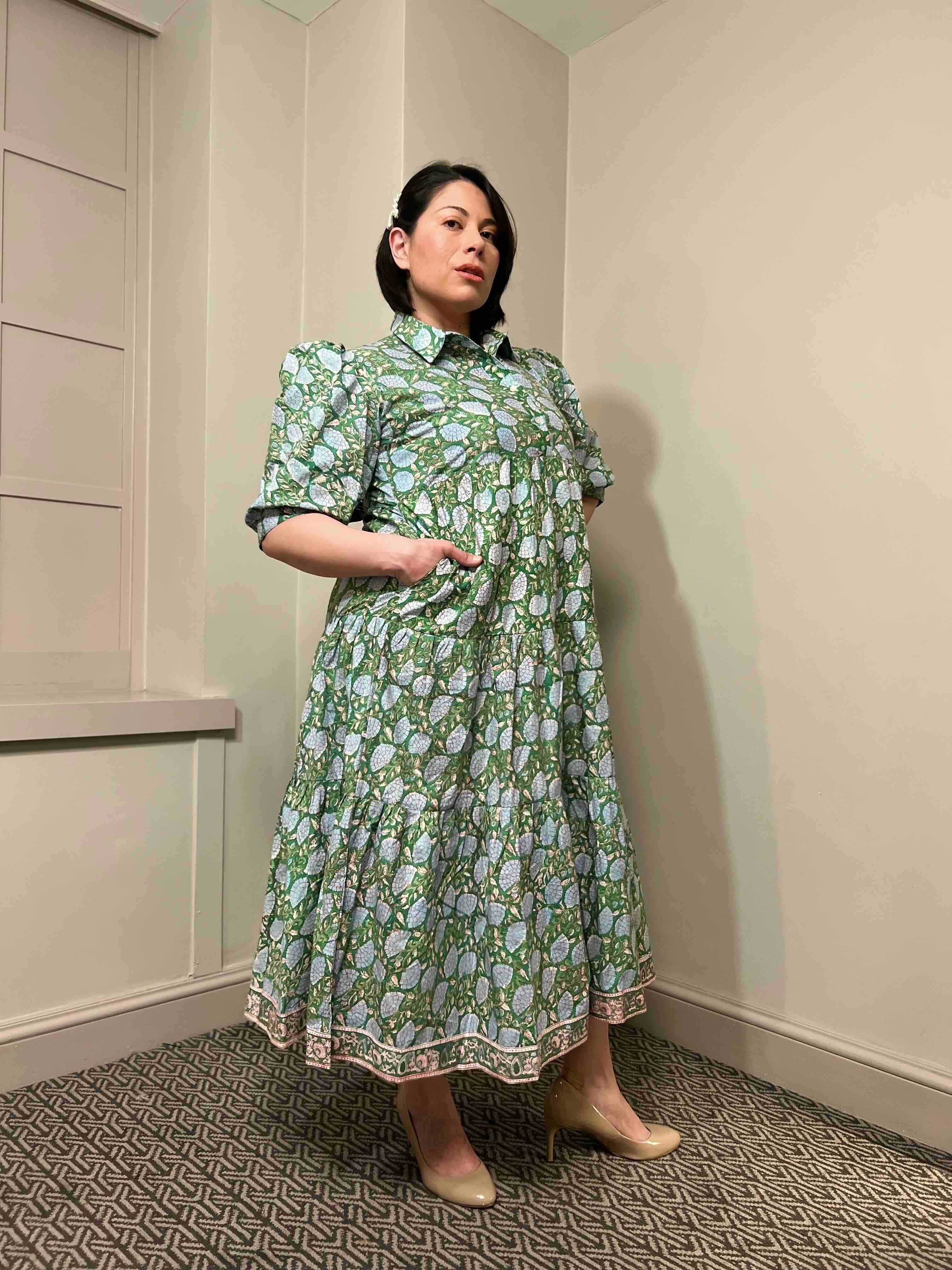 Diana Block Print Cotton Midi Dress With Sleeves