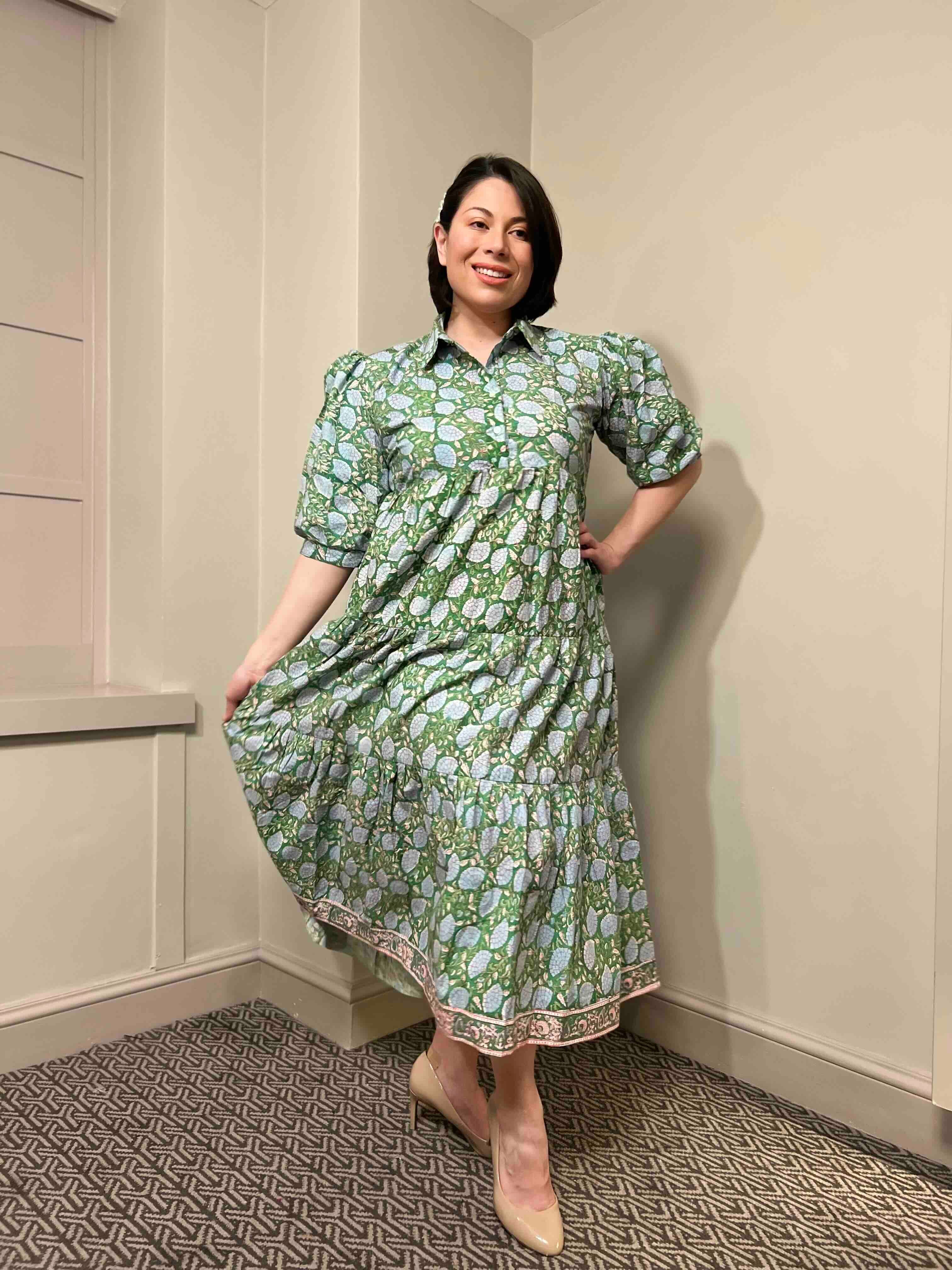 Diana Block Print Cotton Midi Dress With Sleeves