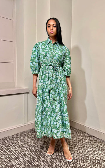 Rachel Block Print Shirt Collar Cotton Midi Dress