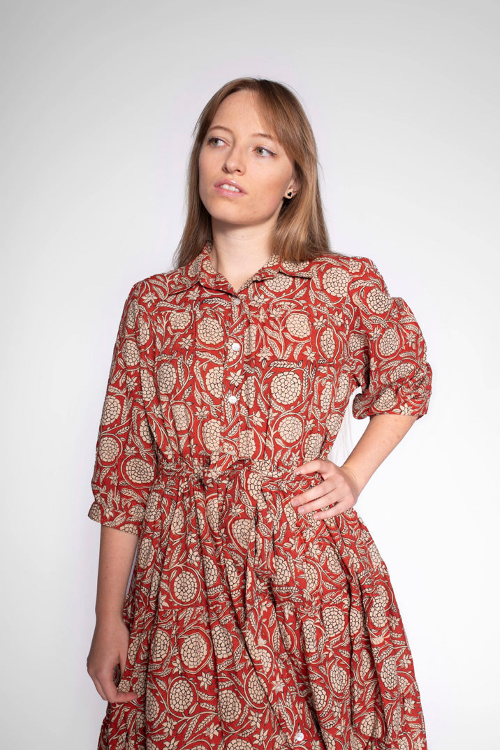 Mae Block Print Cotton Midi Dress With Sleeves