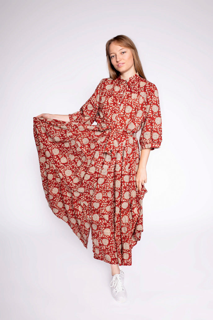 Mae Block Print Cotton Midi Dress With Sleeves