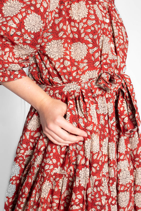 Mae Block Print Cotton Midi Dress With Sleeves