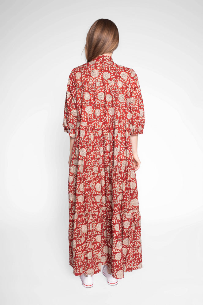 Mae Block Print Cotton Midi Dress With Sleeves