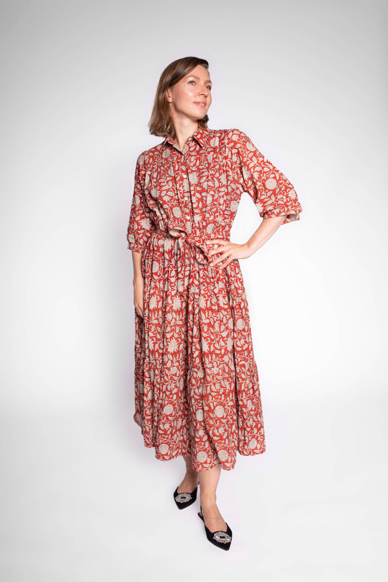 Mae Block Print Cotton Midi Dress With Sleeves