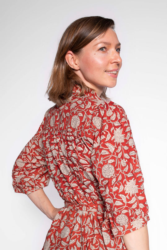 Mae Block Print Cotton Midi Dress With Sleeves