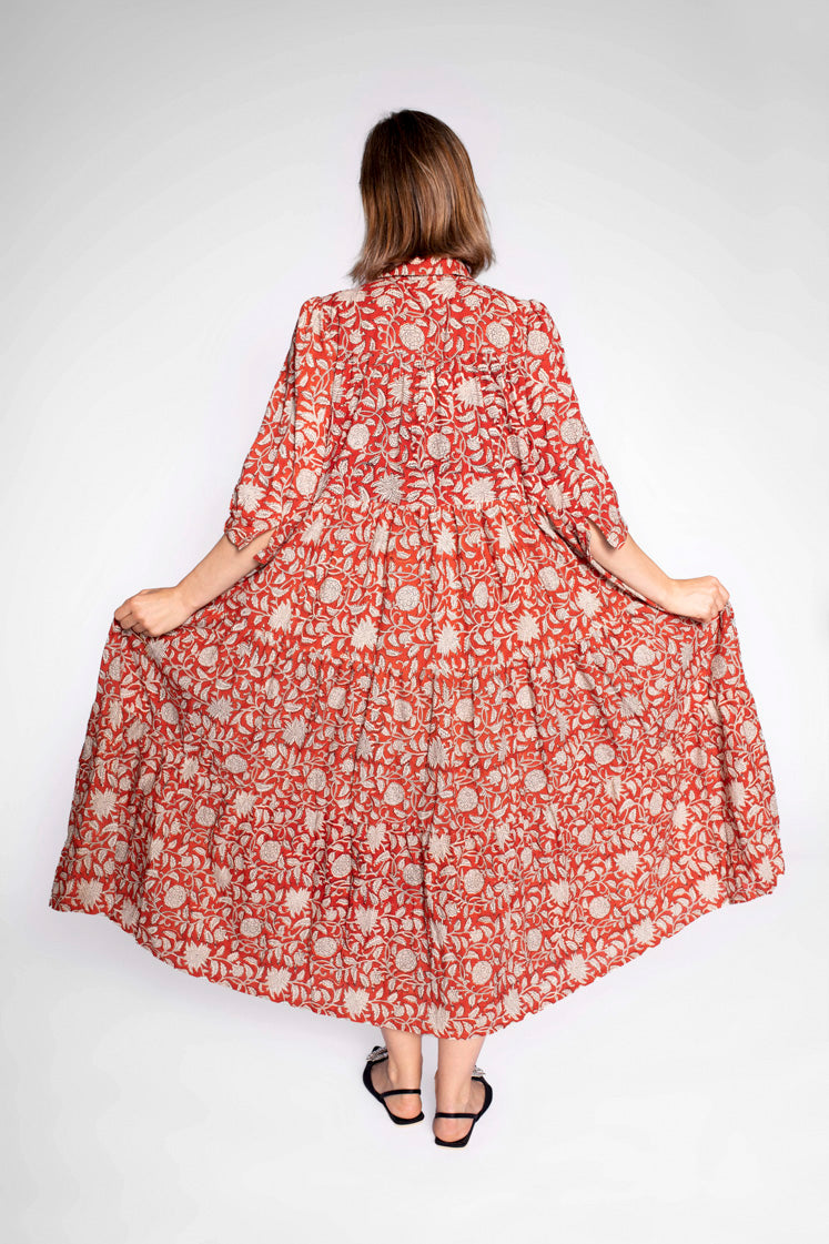 Mae Block Print Cotton Midi Dress With Sleeves