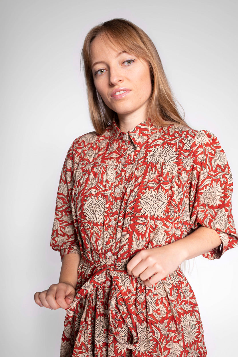 Mae Block Print Cotton Midi Dress With Sleeves