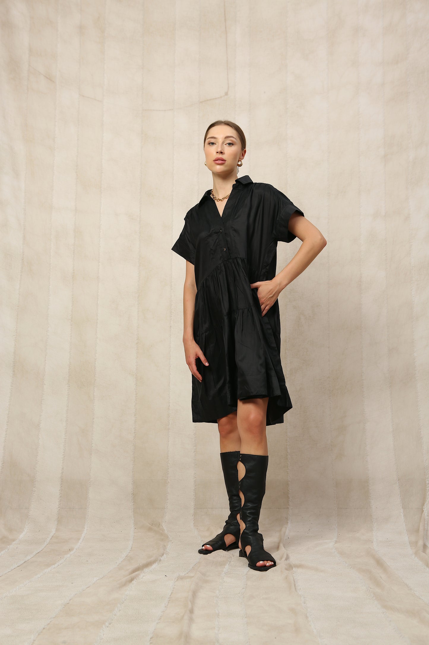 Onyx Silk Short Sleeve Midi Dress