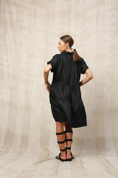 Onyx Silk Short Sleeve Midi Dress