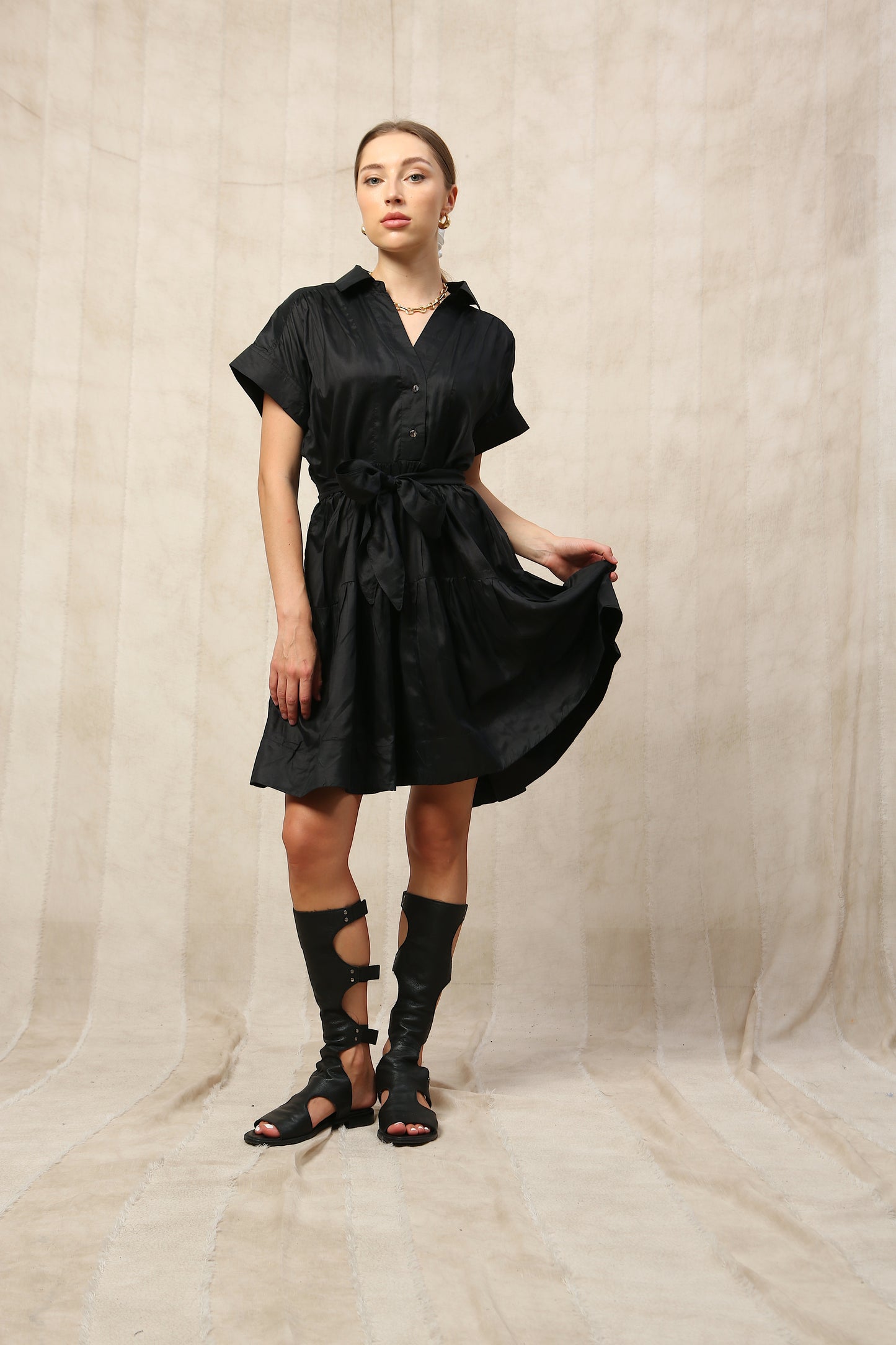 Onyx Silk Short Sleeve Midi Dress