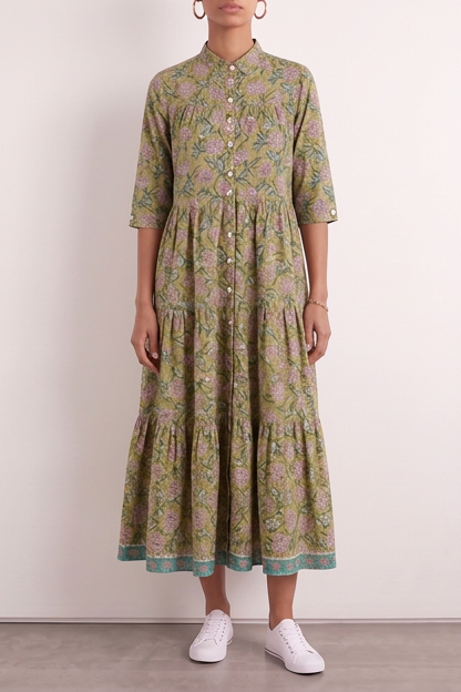 Jemima Block Print Cotton Maxi Dress With Sleeves