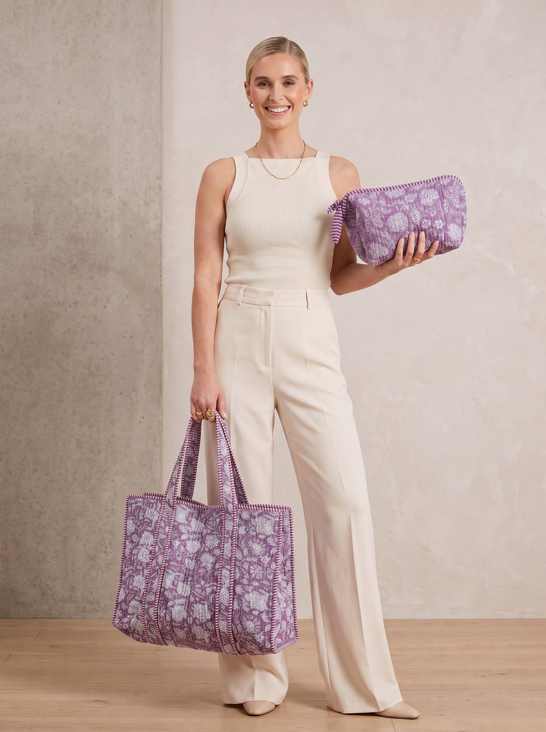 Cotton Tote & Toiletry Quilt Block Print Bag Set