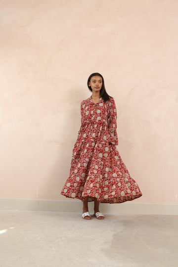 Mae Block Print Bell Sleeve Cotton Maxi Dress