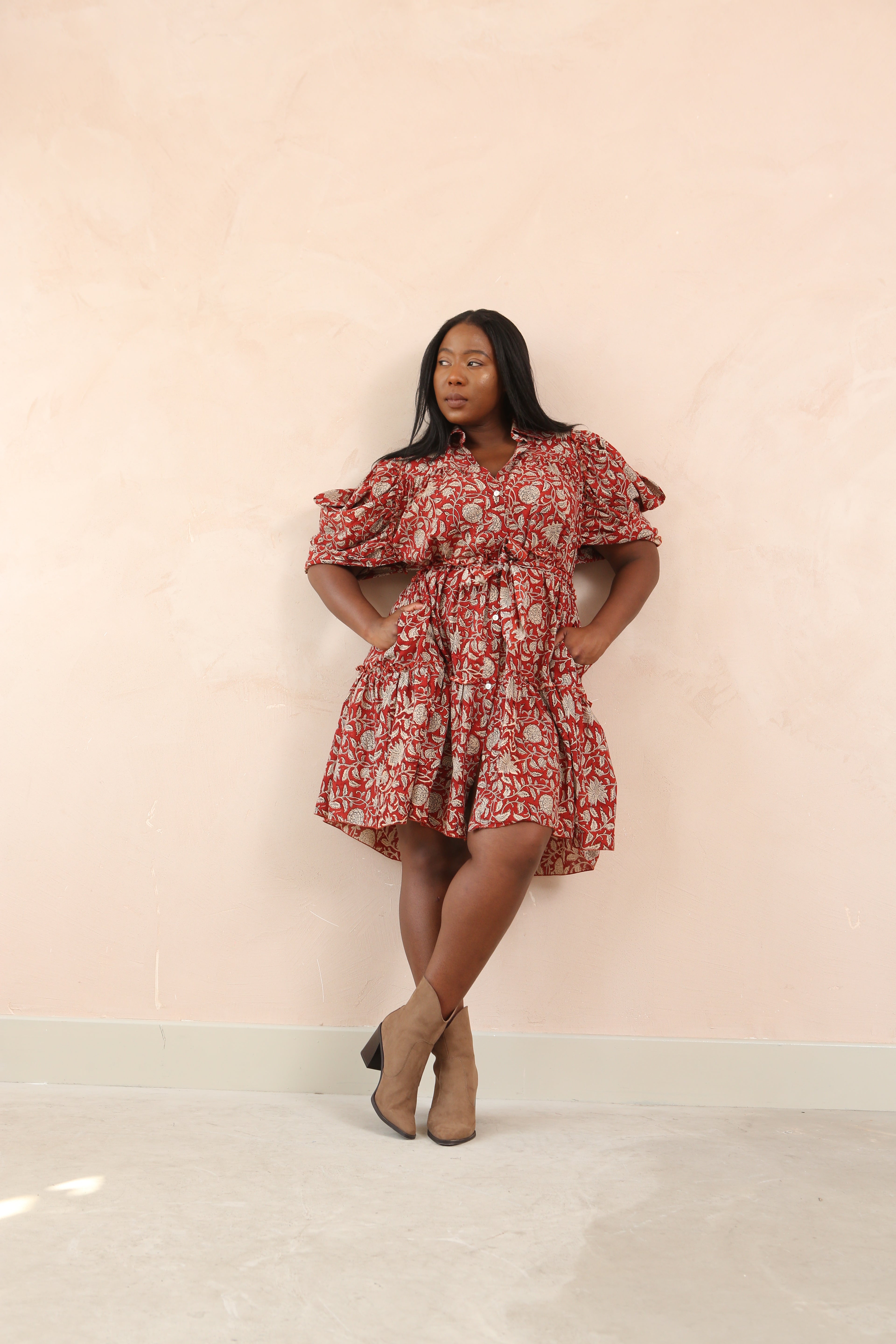 Mae Ruffle Ruched Midi Dress