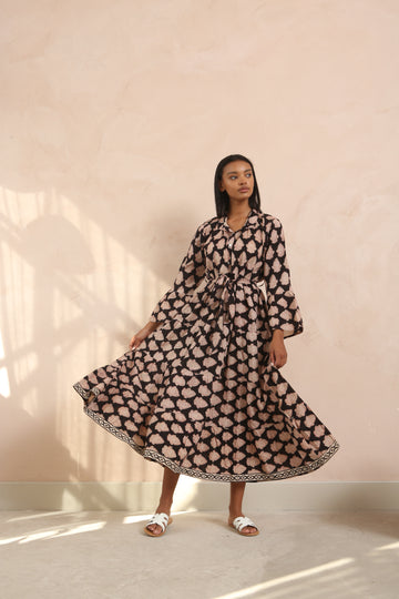 Molly Midnight Black Bell Sleeve Block Print Maxi Dress