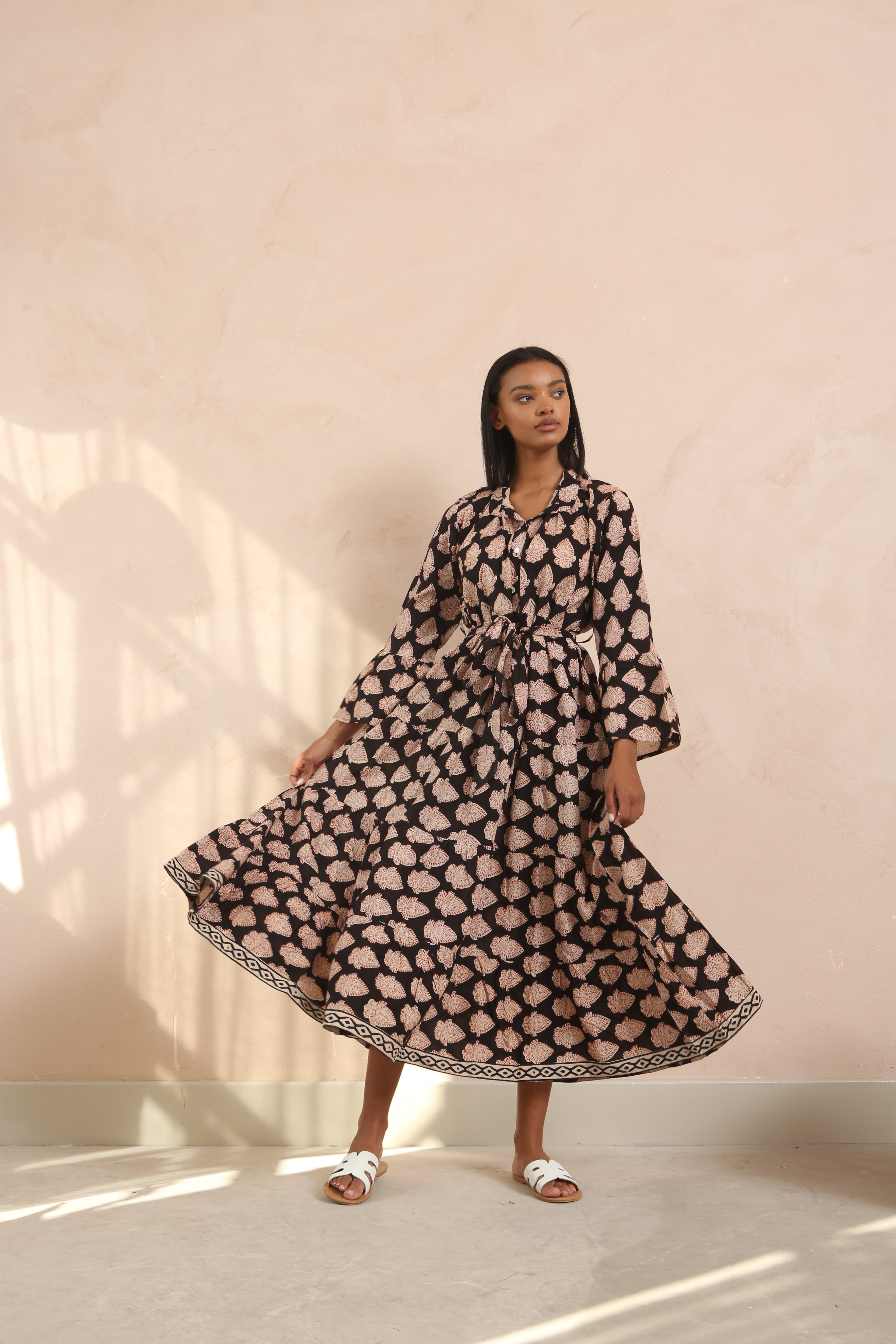 Molly Midnight Black Bell Sleeve Block Print Maxi Dress