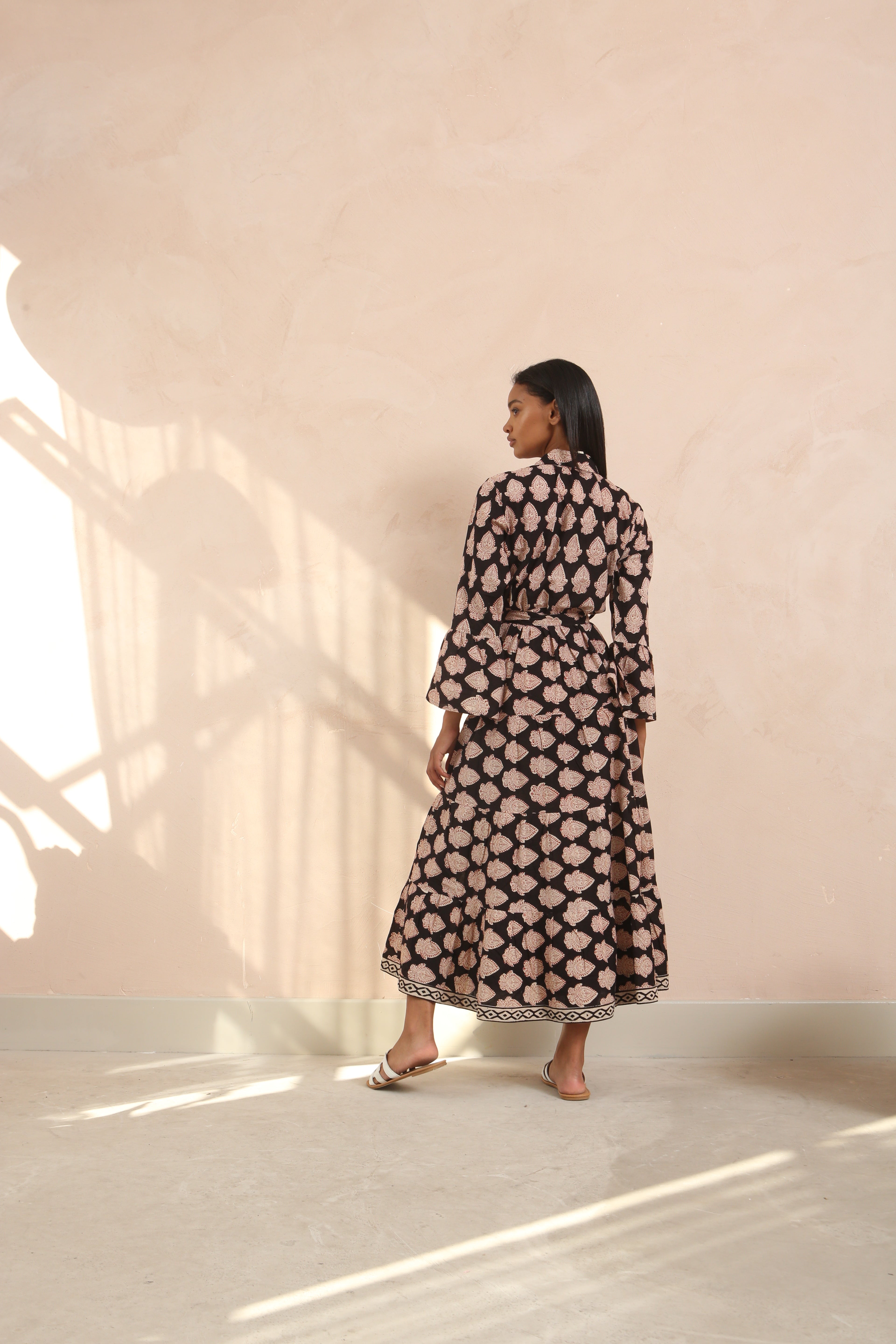Molly Midnight Black Bell Sleeve Block Print Maxi Dress