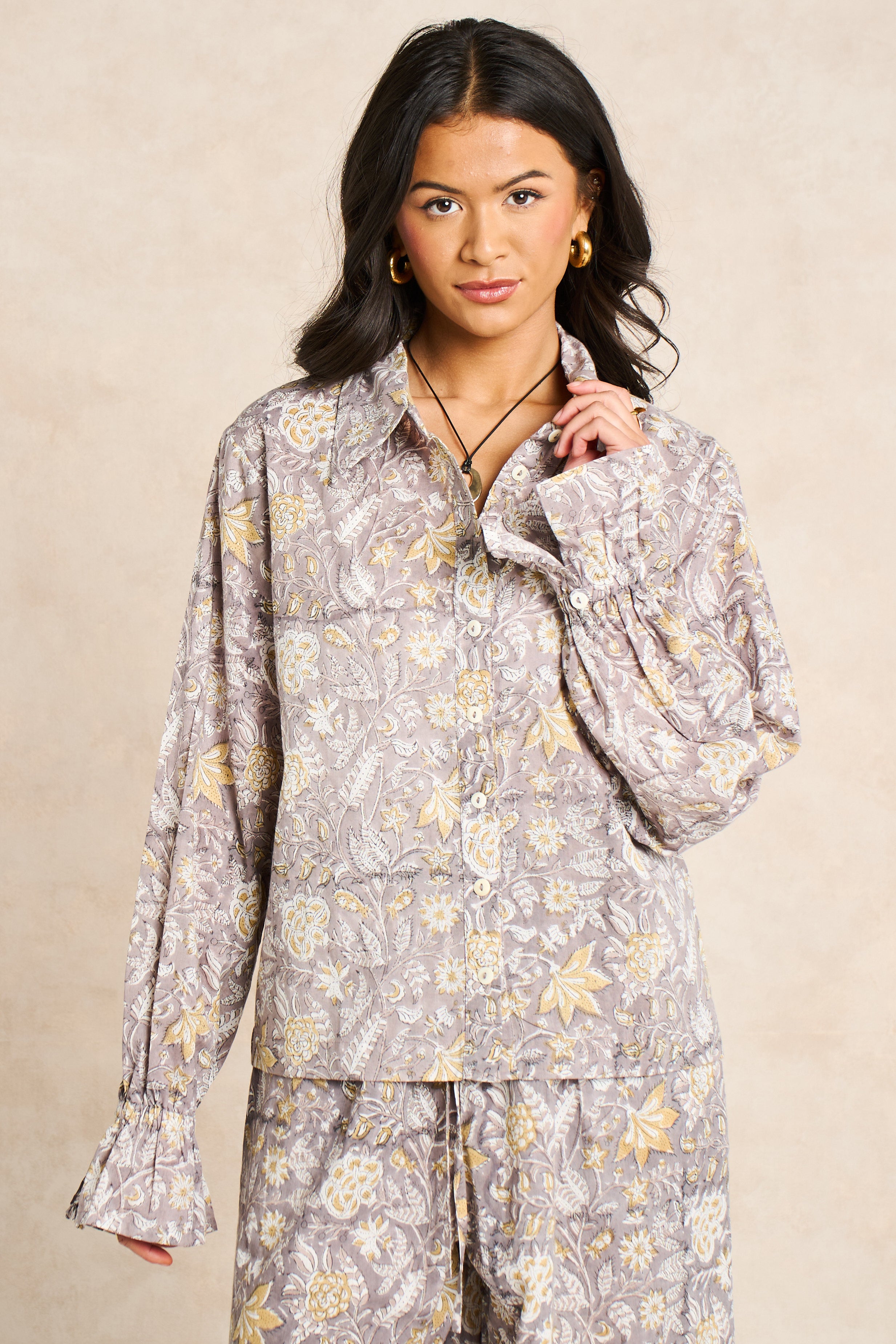 Pearl Taupe & White Block Print Matching Set